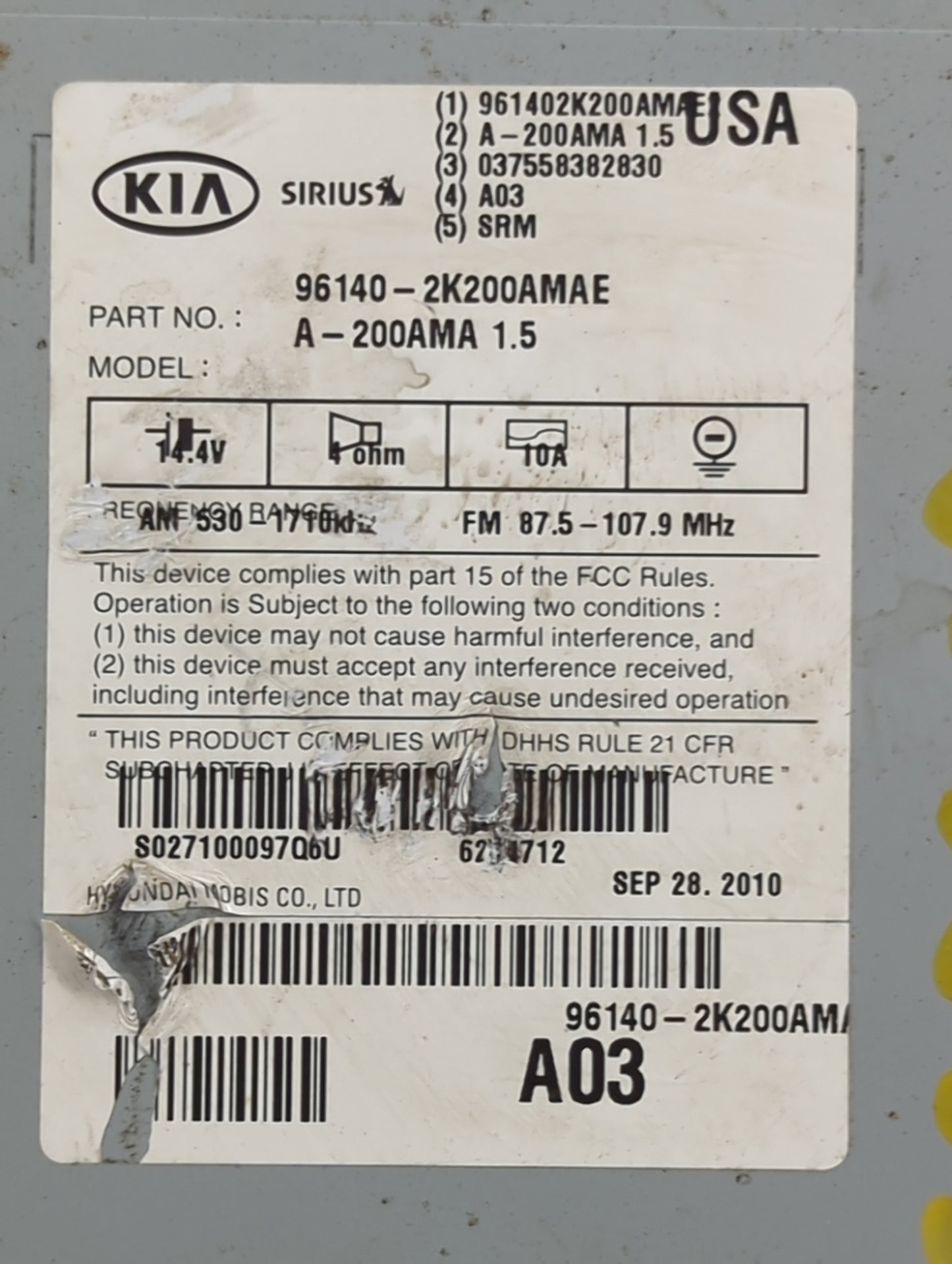 2010-2011 Kia Soul Radio AM FM Cd Player Receiver Replacement P/N:96140-2K200AMAE Fits Fits 2010 2011 OEM Used Auto Parts -