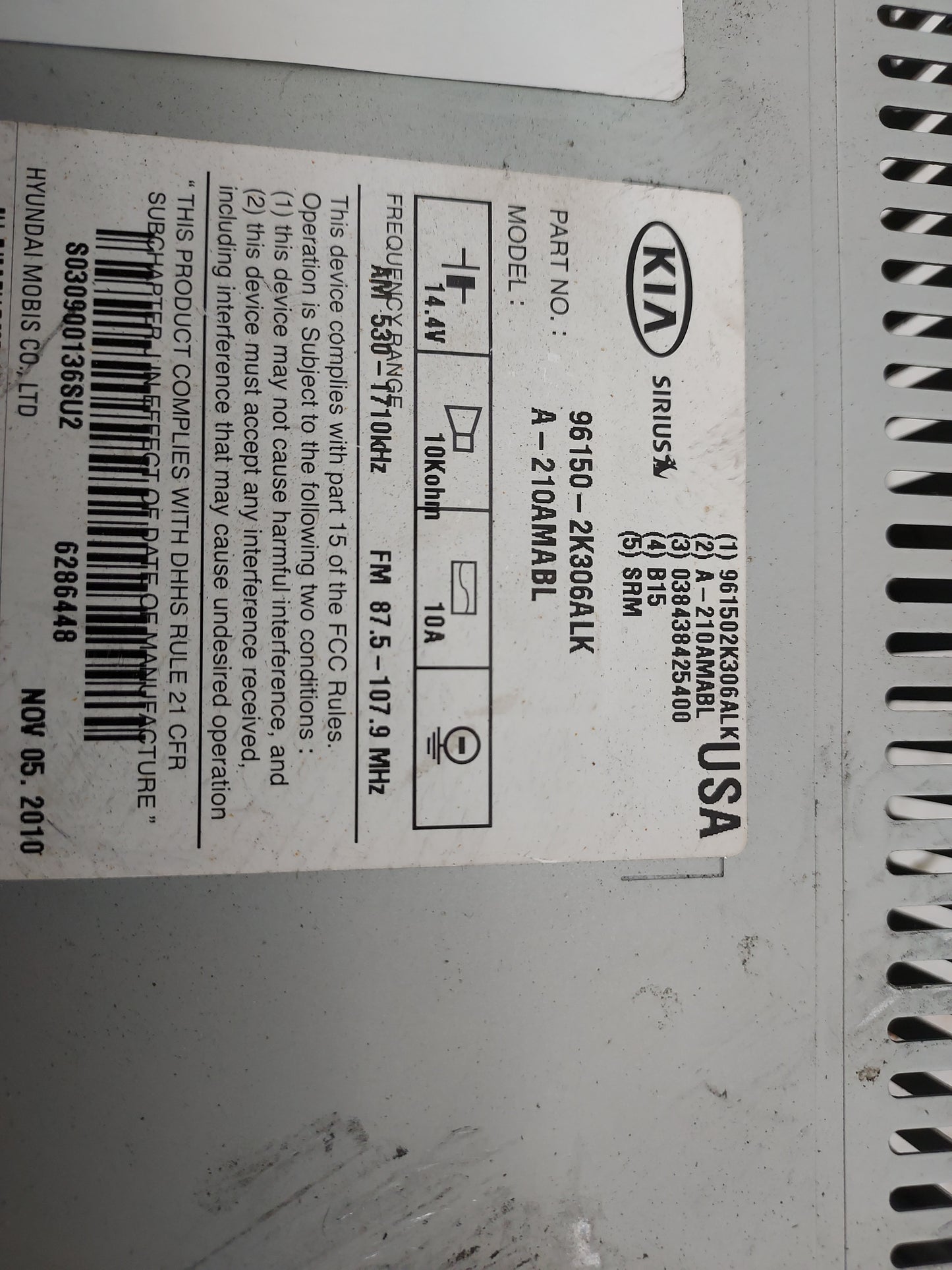 2010-2011 Kia Soul Radio AM FM Cd Player Receiver Replacement P/N:96150-2K306ALK A-210AMABL Fits Fits 2010 2011 OEM Used Aut