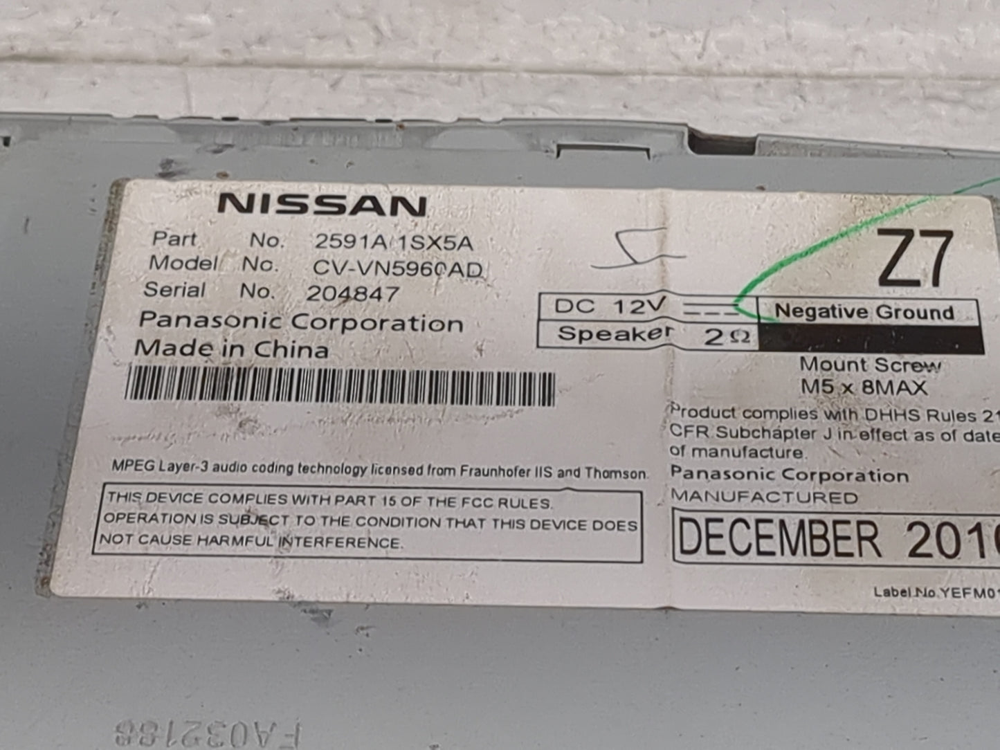 2011-2012 Nissan Murano Radio AM FM Cd Player Receiver Replacement P/N:2591A1SX5A CV-VN596AD Fits OEM Used Auto Parts - Oemu
