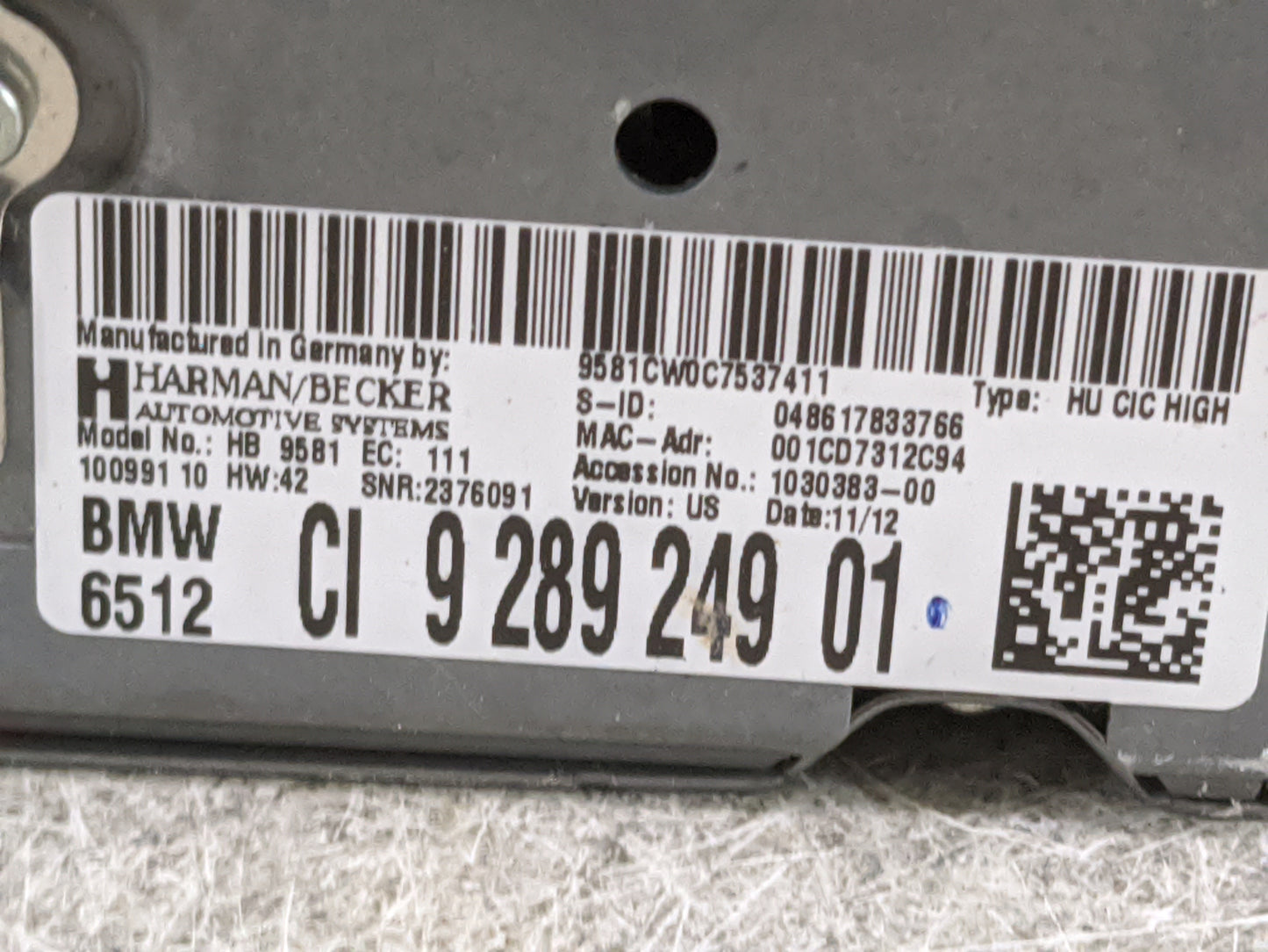2011-2012 Bmw 535i Radio AM FM Cd Player Receiver Replacement P/N:9289249 HB9581, 9581CW0C7537411 Fits Fits 2010 2011 2012 O
