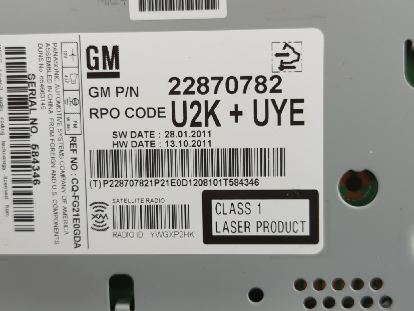 2012 Chevrolet Cruze Radio AM FM Cd Player Receiver Replacement P/N:22870782 Fits OEM Used Auto Parts - Oemusedautoparts1.co