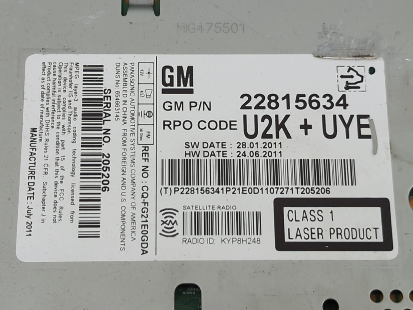2012 Chevrolet Cruze Radio AM FM Cd Player Receiver Replacement P/N:22815634 CQ-FG21E0GDA Fits OEM Used Auto Parts - Oemused