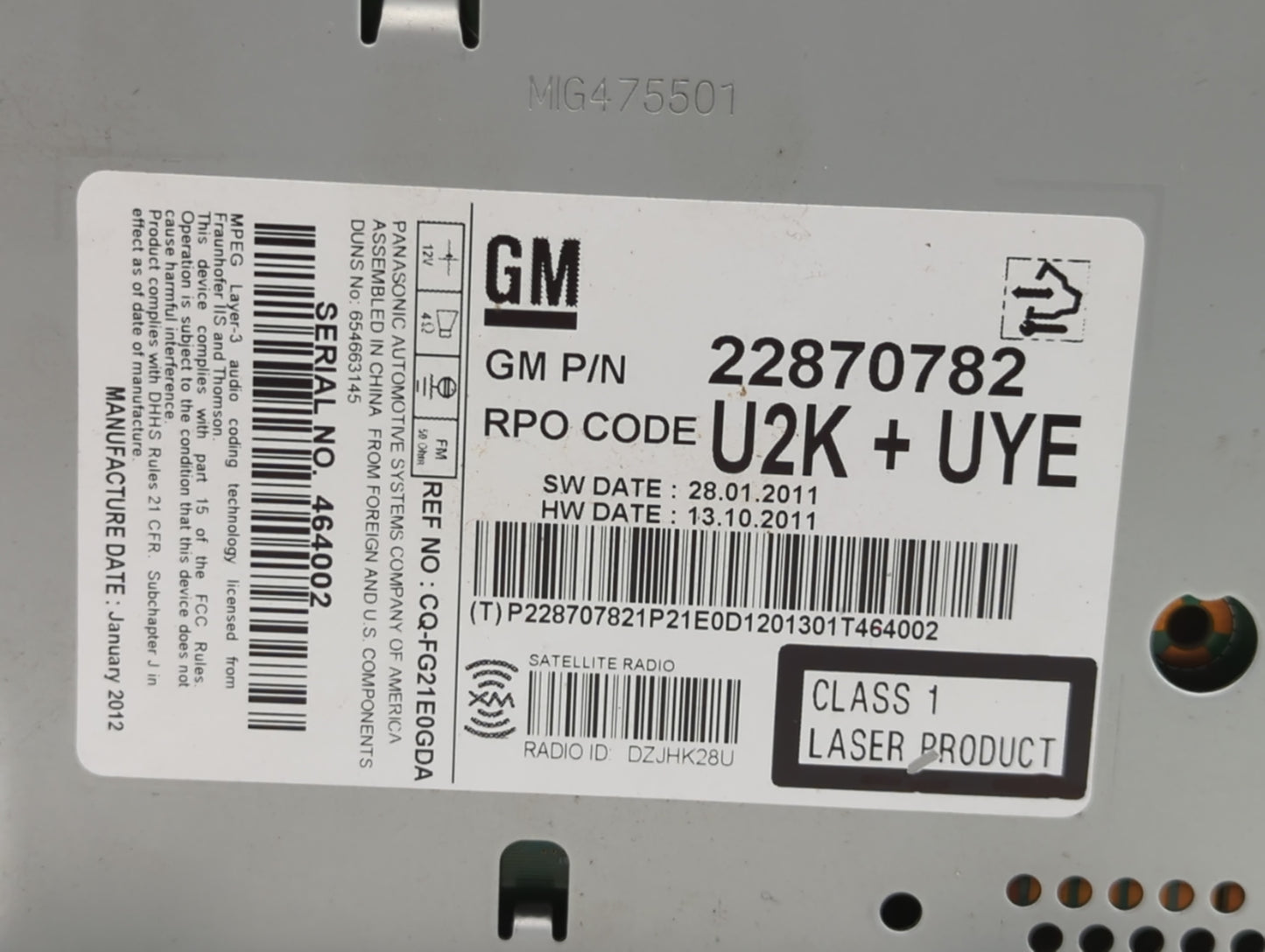 2011-2012 Chevrolet Cruze Radio AM FM Cd Player Receiver Replacement P/N:22870782 Fits Fits 2010 2011 2012 OEM Used Auto Par