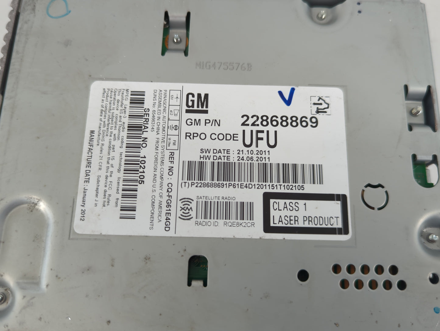 2012 Chevrolet Volt Radio AM FM Cd Player Receiver Replacement P/N:22854760 Fits OEM Used Auto Parts - Oemusedautoparts1.com