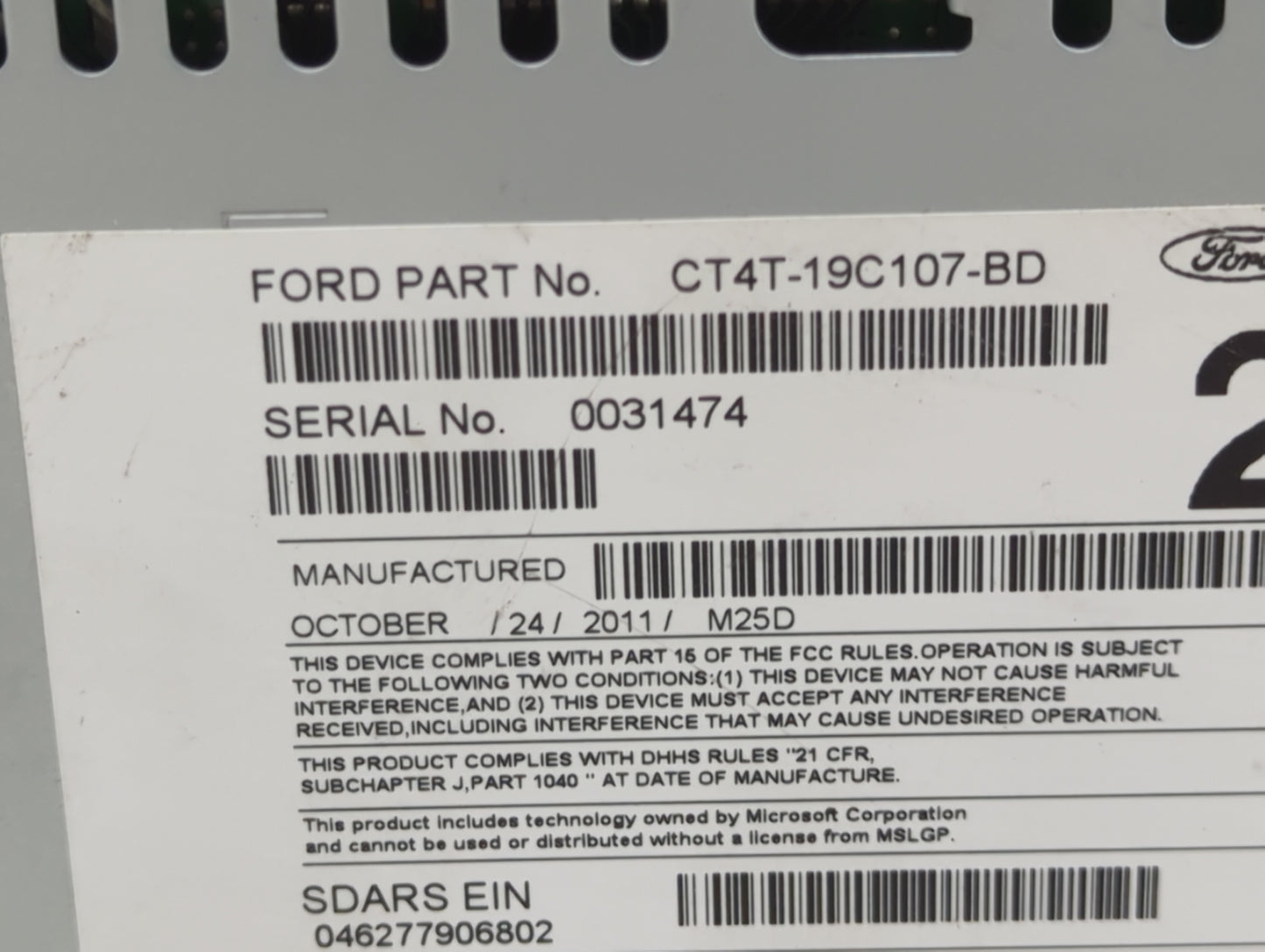 2012 Ford Edge Radio AM FM Cd Player Receiver Replacement P/N:CT4T-19C107-BD Fits OEM Used Auto Parts - Oemusedautoparts1.co