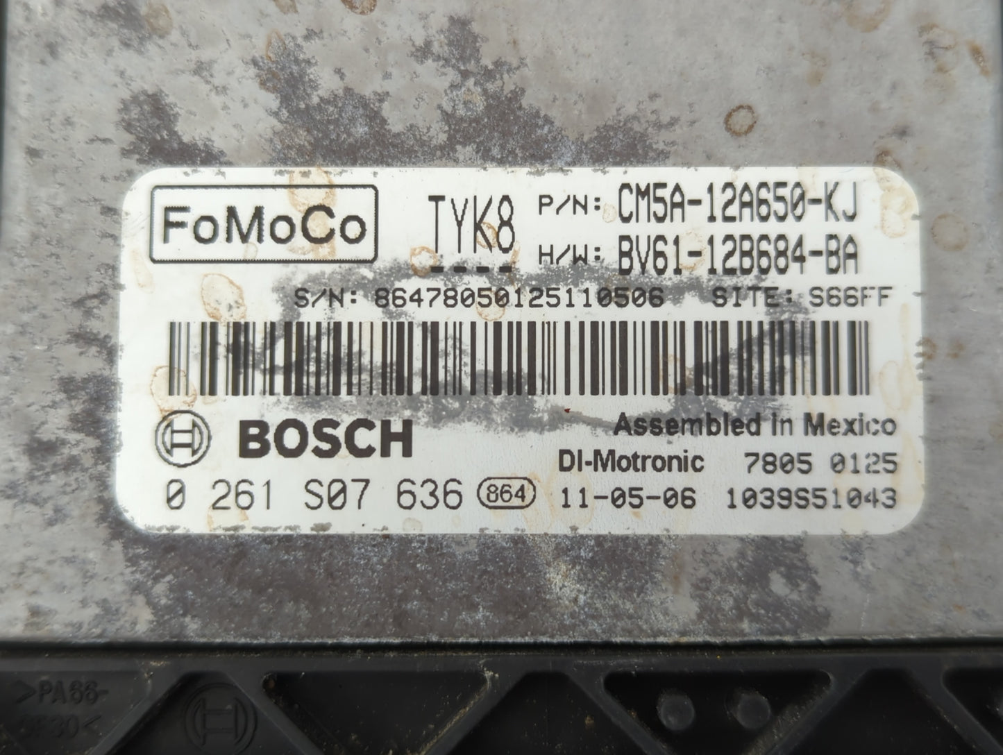 2012 Ford Focus PCM Engine Control Computer ECU ECM PCU OEM P/N:0 261 S07 636 BV61-12B684-BA, CM5A-12A650-KJ Fits OEM Used A