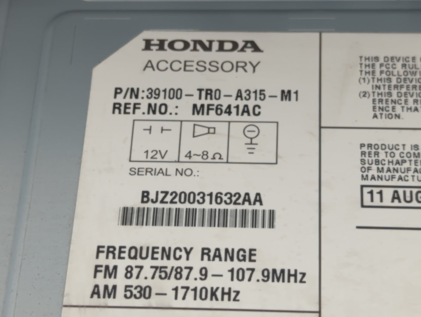 2012 Honda Civic Radio AM FM Cd Player Receiver Replacement P/N:39100-TR0-A315-M1 Fits OEM Used Auto Parts - Oemusedautopart
