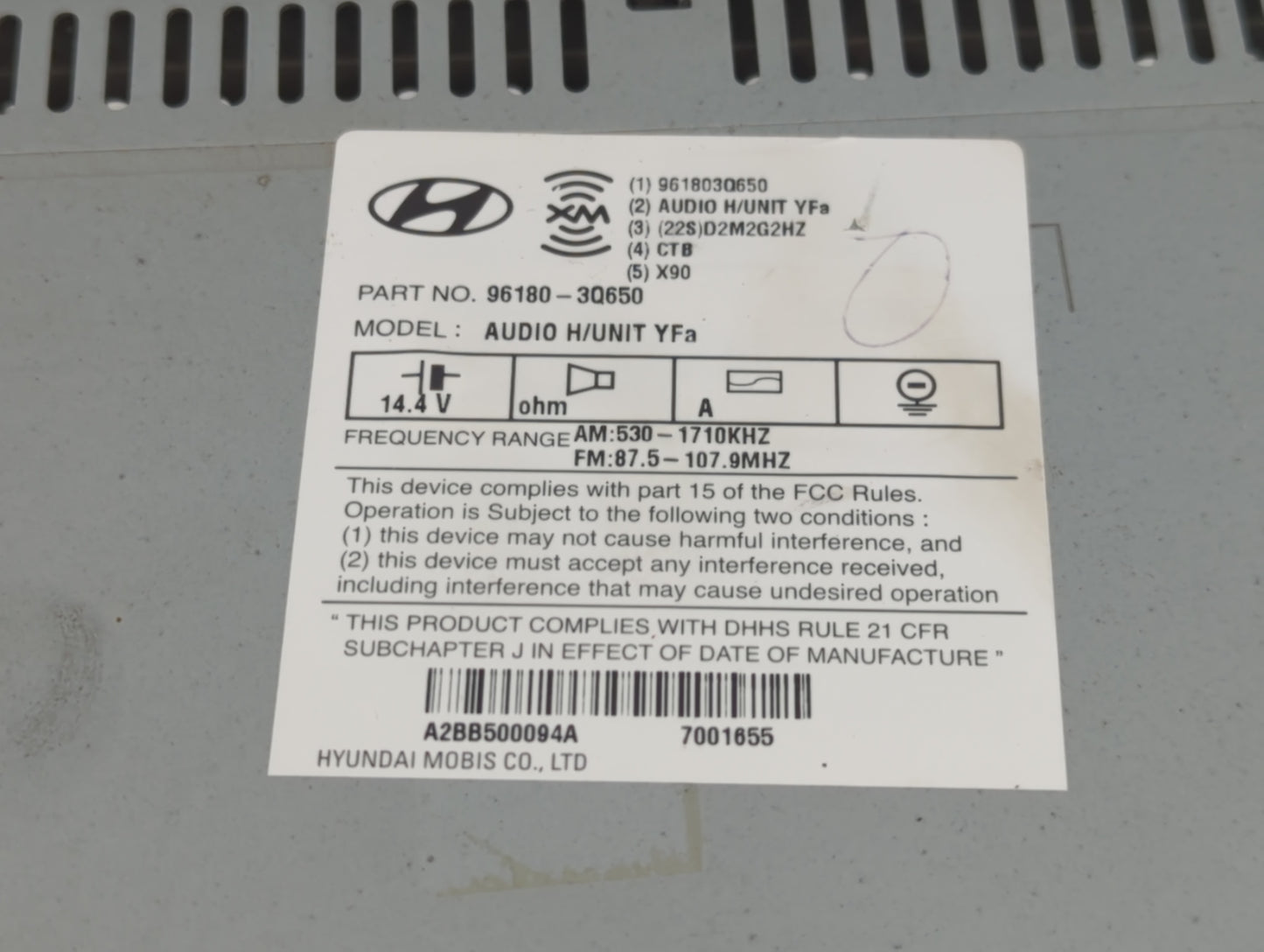 2012-2015 Hyundai Sonata Radio AM FM Cd Player Receiver Replacement P/N:96180-3Q650 Fits Fits 2012 2013 2014 2015 OEM Used A
