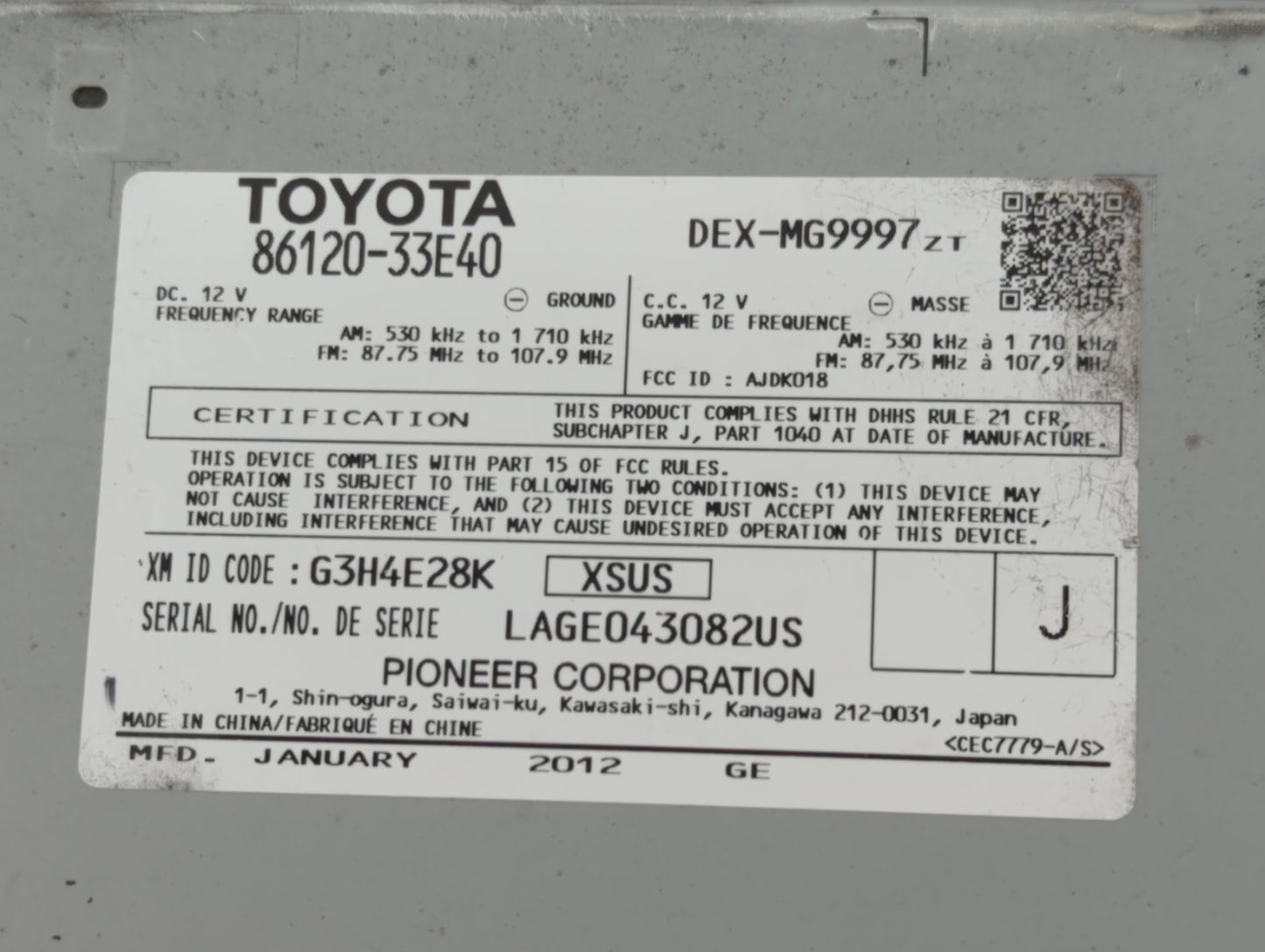 2010-2012 Lexus Es350 Radio AM FM Cd Player Receiver Replacement P/N:86120-33E40 Fits Fits 2010 2011 2012 OEM Used Auto Part