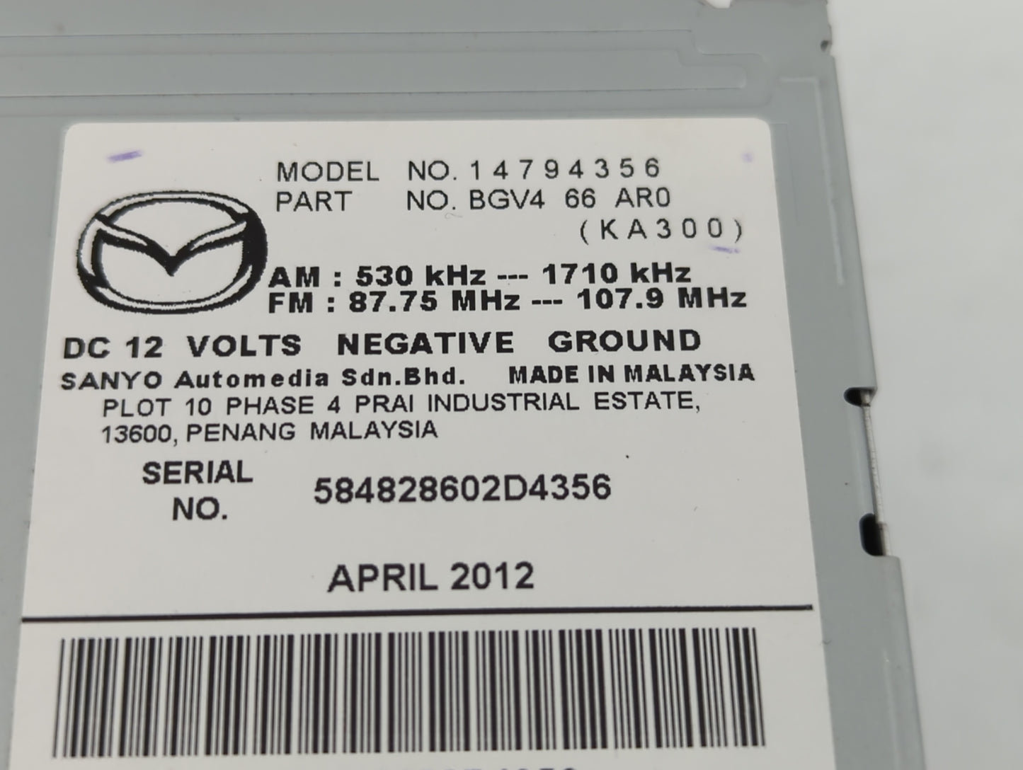 2012 Mazda 3 Radio AM FM Cd Player Receiver Replacement P/N:BGV4 66 AR0 Fits OEM Used Auto Parts - Oemusedautoparts1.com