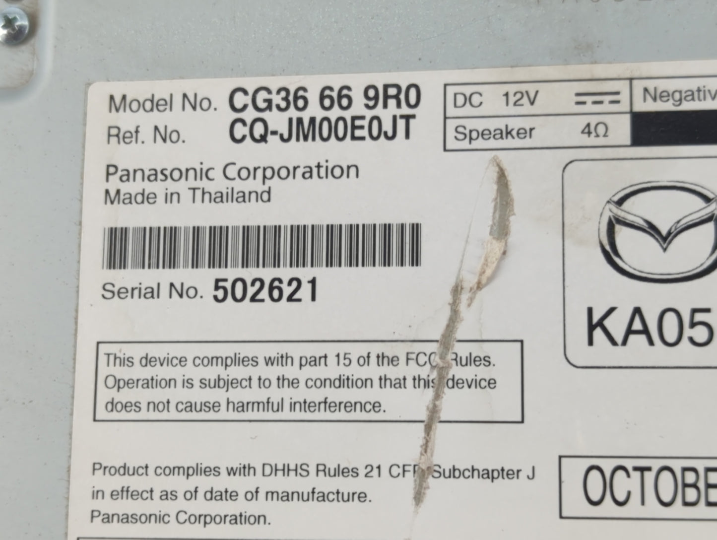 2012 Mazda 5 Radio AM FM Cd Player Receiver Replacement P/N:CG37 66 9RX CG36 66 9R0 Fits OEM Used Auto Parts - Oemusedautopa
