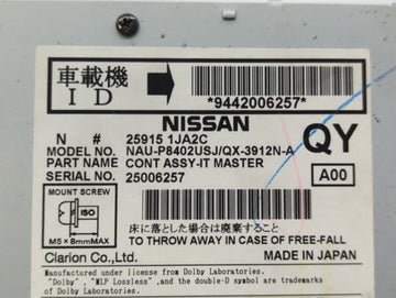 2012-2013 Nissan Murano Radio AM FM Cd Player Receiver Replacement P/N:25915 1JA2C Fits Fits 2011 2012 2013 OEM Used Auto Parts
