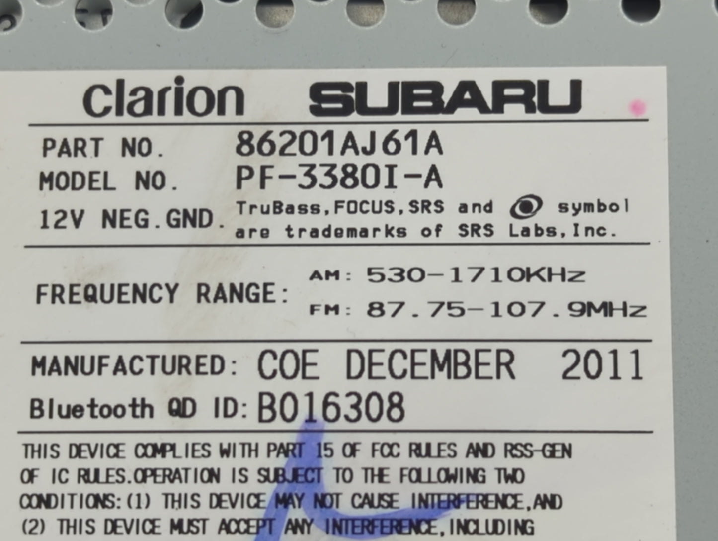 2012-2014 Subaru Legacy Radio AM FM Cd Player Receiver Replacement P/N:86201AJ614A Fits Fits 2012 2013 2014 OEM Used Auto Pa