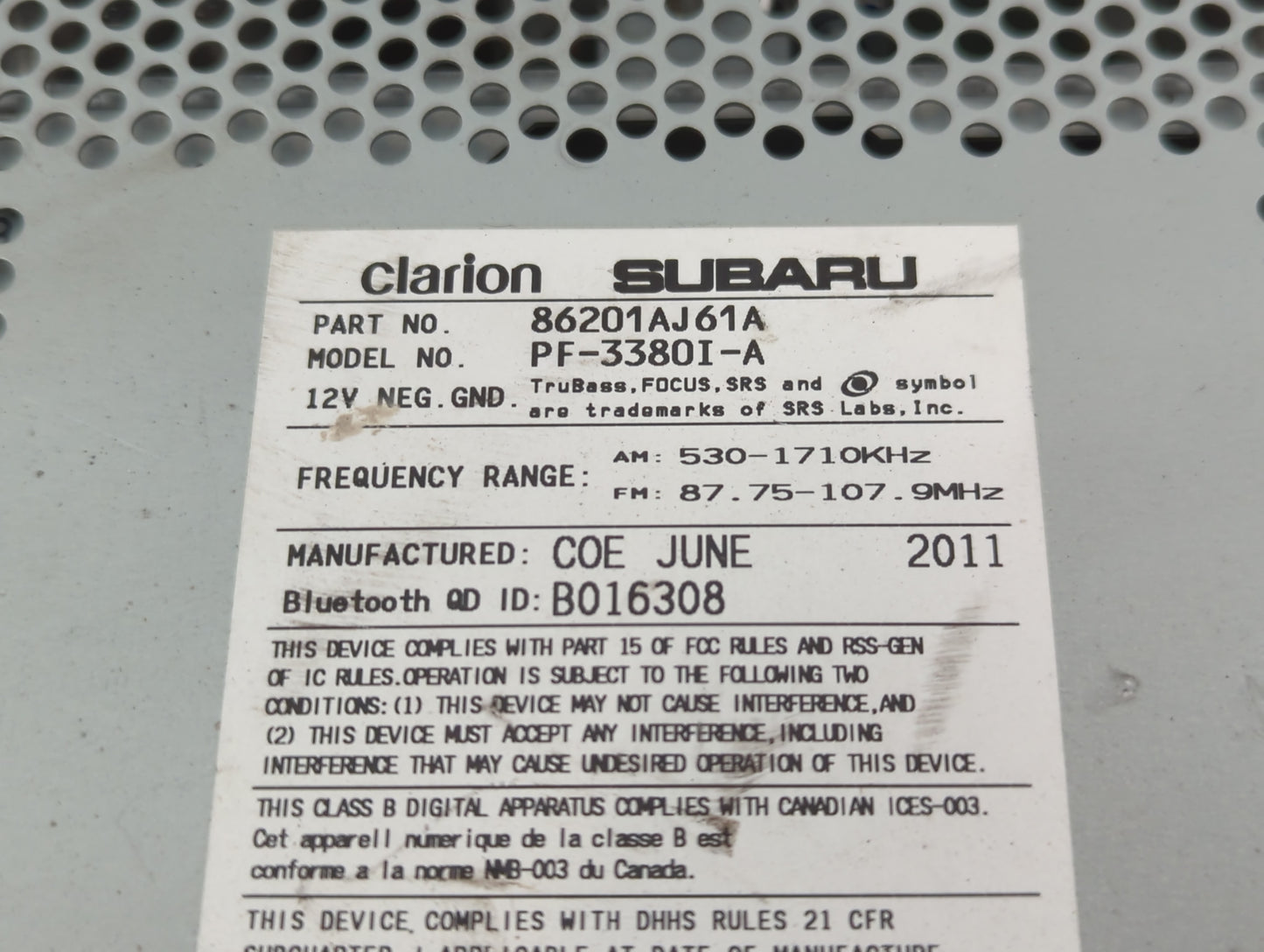 2012-2014 Subaru Legacy Radio AM FM Cd Player Receiver Replacement P/N:86201AJ61A Fits Fits 2012 2013 2014 OEM Used Auto Par