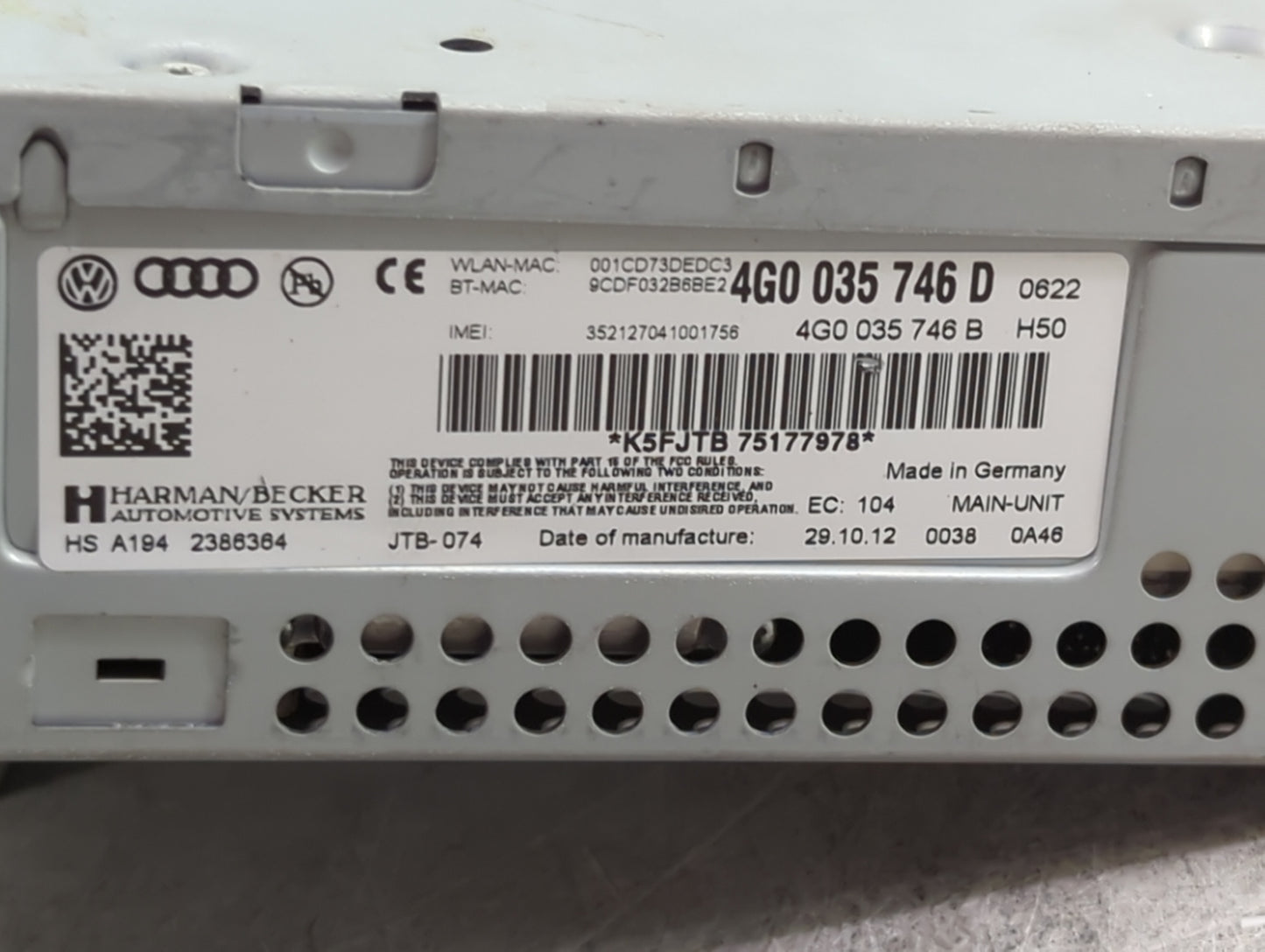 2012-2015 Audi A6 Radio AM FM Cd Player Receiver Replacement P/N:4G0035746D 4G0035746B Fits Fits 2012 2013 2014 2015 OEM Use