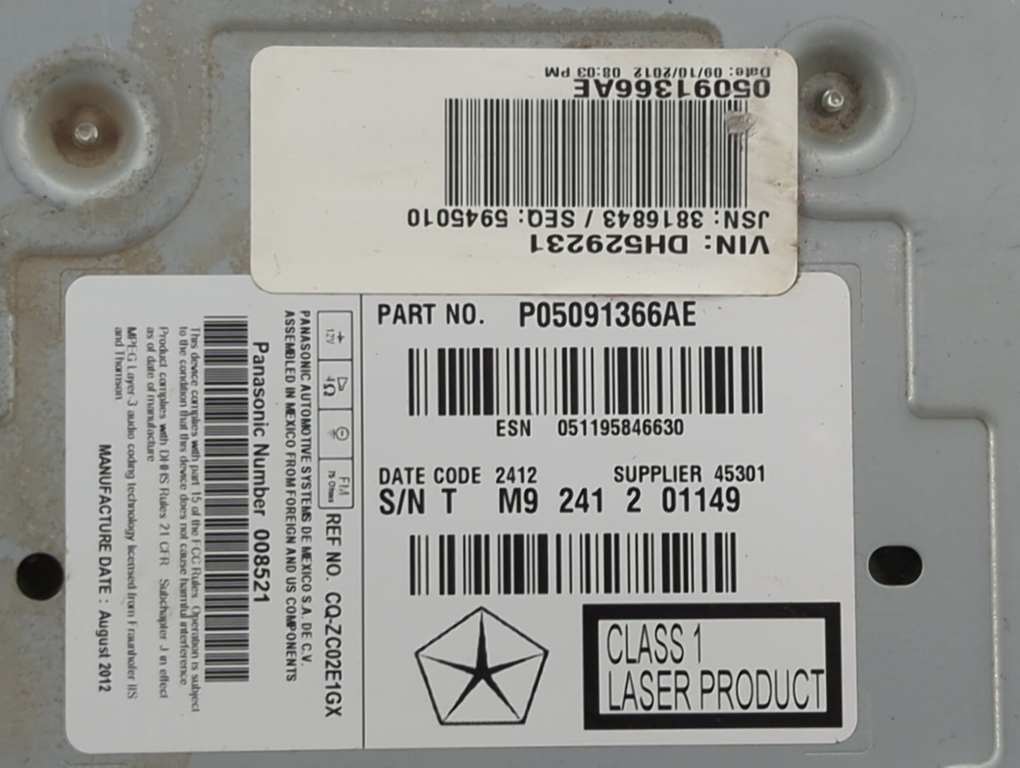 2013 Chrysler 300 Radio AM FM Cd Player Receiver Replacement P/N:P05091366AE CQ-ZC02E1GX, 05091366AE Fits OEM Used Auto Part