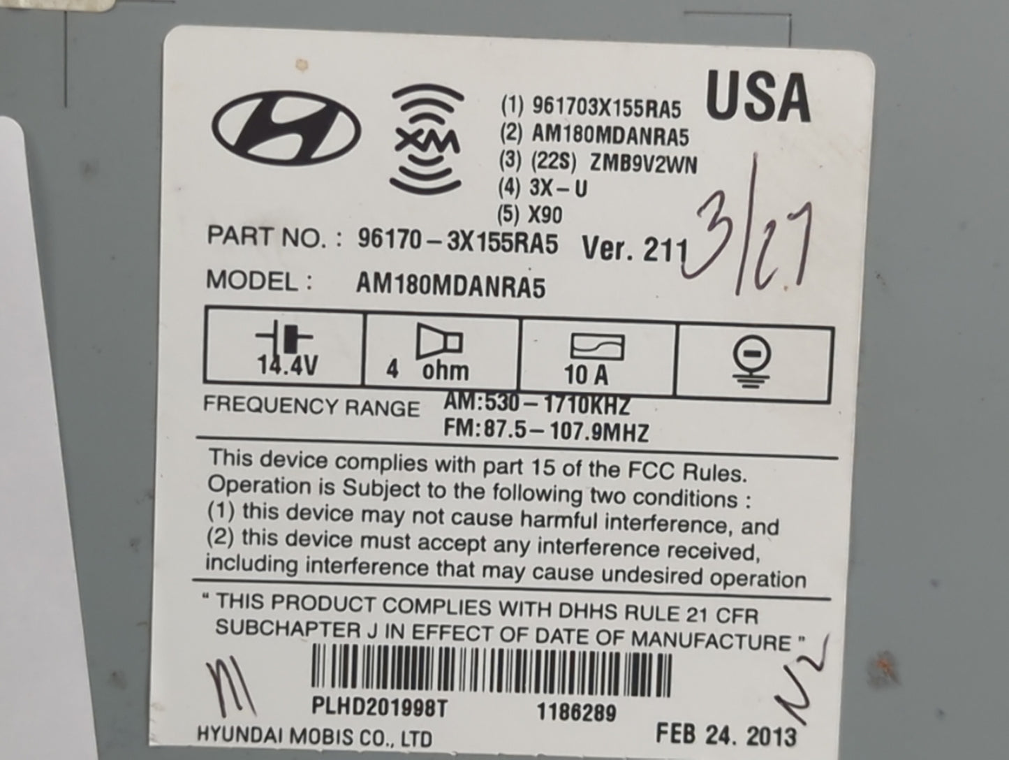 2013 Hyundai Elantra Radio AM FM Cd Player Receiver Replacement P/N:96170-3X155RA5 Fits OEM Used Auto Parts - Oemusedautopar