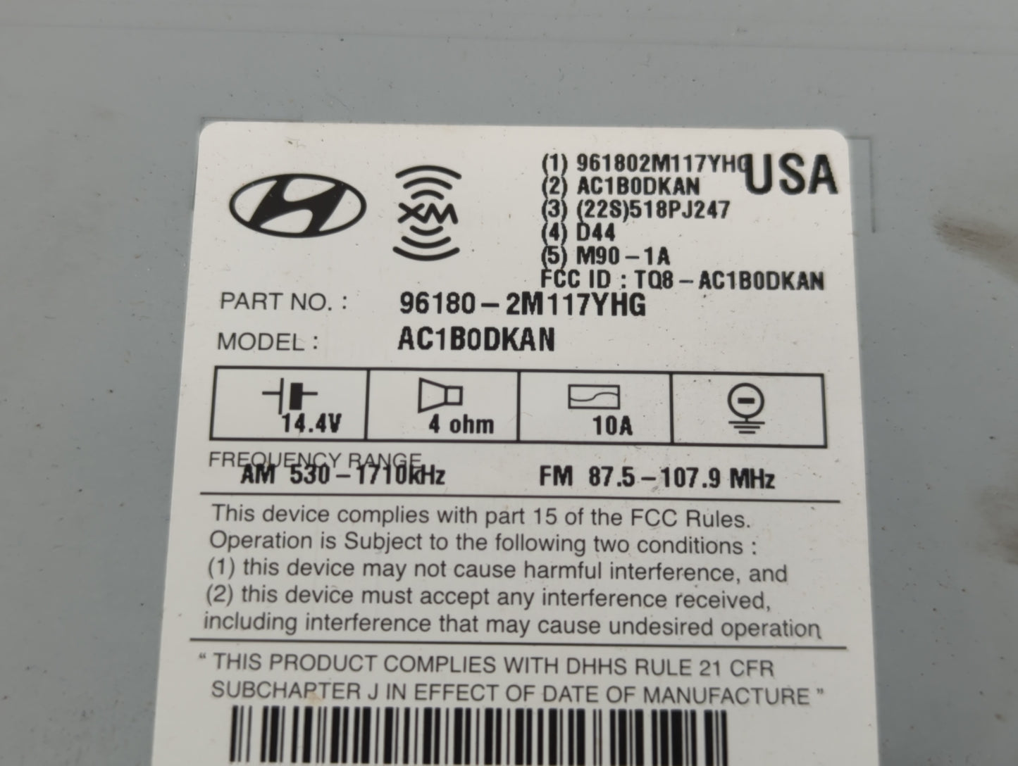 2013 Hyundai Genesis Radio AM FM Cd Player Receiver Replacement P/N:96180-2M117YHG Fits OEM Used Auto Parts - Oemusedautopar