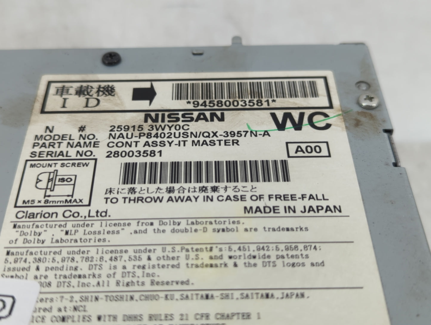 2013 Infiniti Fx35 Radio AM FM Cd Player Receiver Replacement P/N:25915 3WY0C 25915 3WY0D Fits Fits 2014 OEM Used Auto Parts
