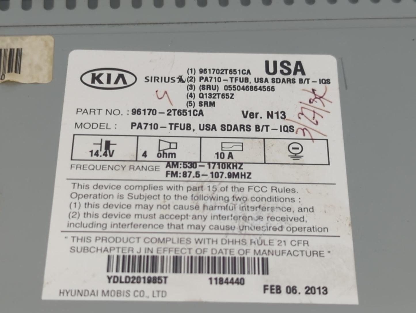 2011-2013 Kia Optima Radio AM FM Cd Player Receiver Replacement P/N:96170-2T651CA Fits Fits 2011 2012 2013 OEM Used Auto Par