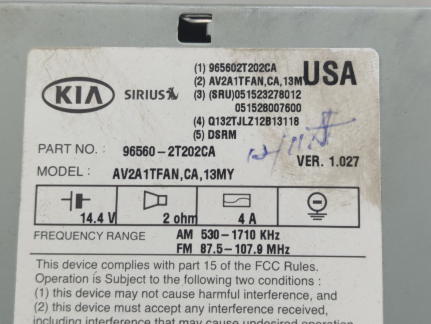 2013 Kia Optima Radio AM FM Cd Player Receiver Replacement P/N:26560-2T202CA Fits OEM Used Auto Parts - Oemusedautoparts1.co