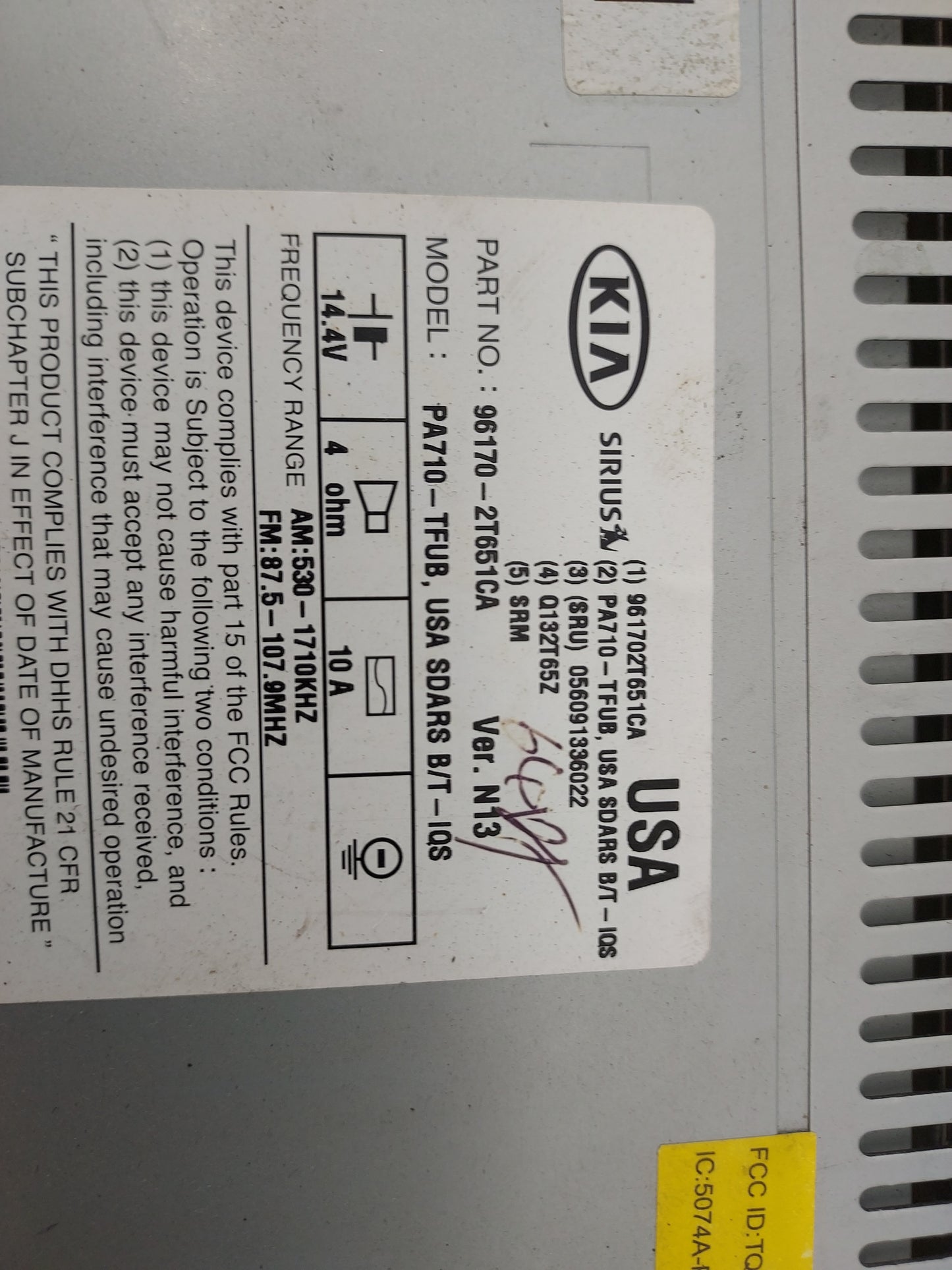 2011-2013 Kia Optima Radio AM FM Cd Player Receiver Replacement P/N:96170-2T651CA PA710-TFUB Fits Fits 2011 2012 2013 OEM Us