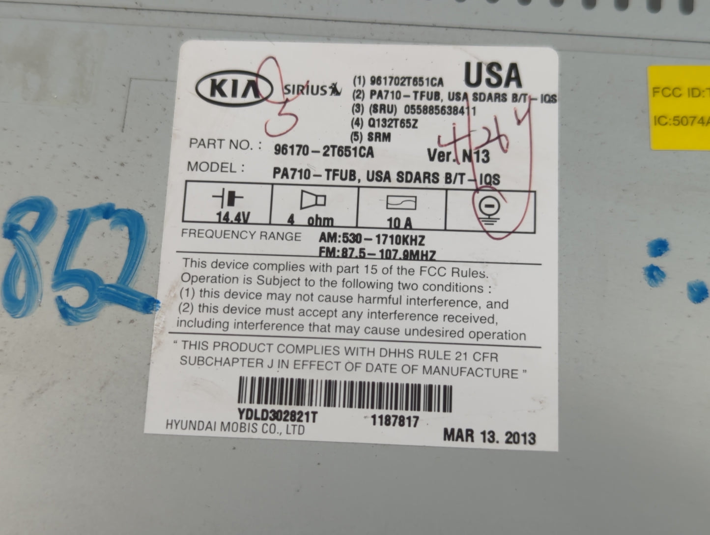 2011-2013 Kia Optima Radio AM FM Cd Player Receiver Replacement P/N:96170-2T651CA Fits Fits 2011 2012 2013 OEM Used Auto Par