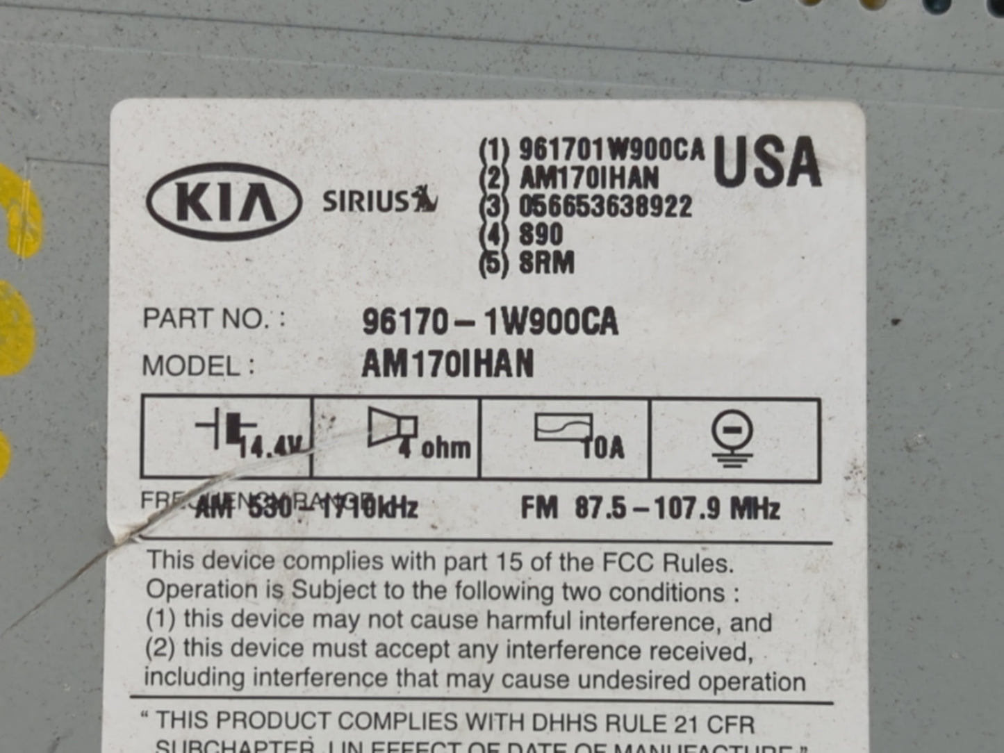 2012-2015 Kia Rio Radio AM FM Cd Player Receiver Replacement P/N:96170-1W900CA Fits Fits 2012 2013 2014 2015 OEM Used Auto P