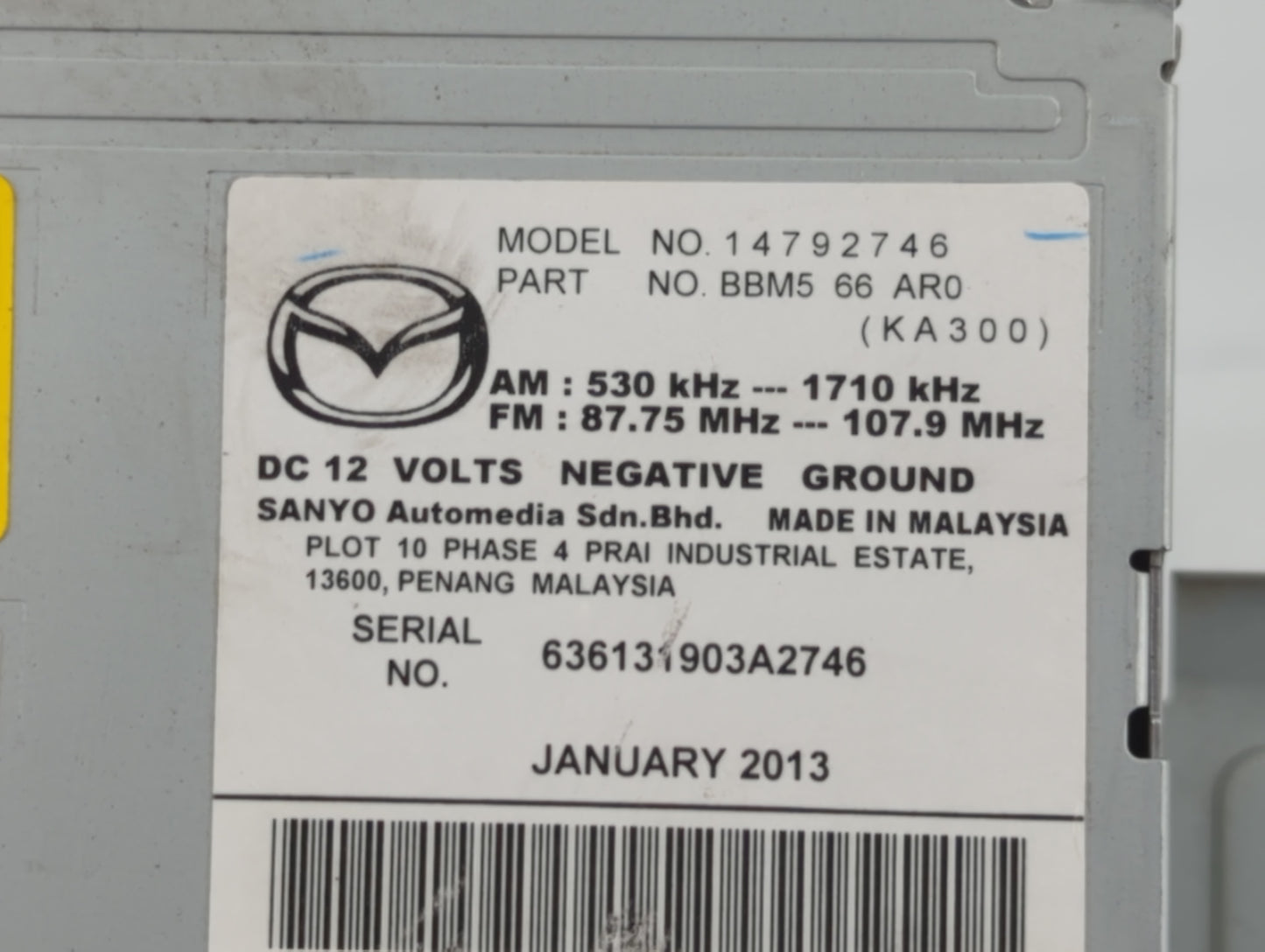 2012-2013 Mazda 3 Radio AM FM Cd Player Receiver Replacement P/N:BBM5 66 AR0 14792746 Fits Fits 2012 2013 OEM Used Auto Part