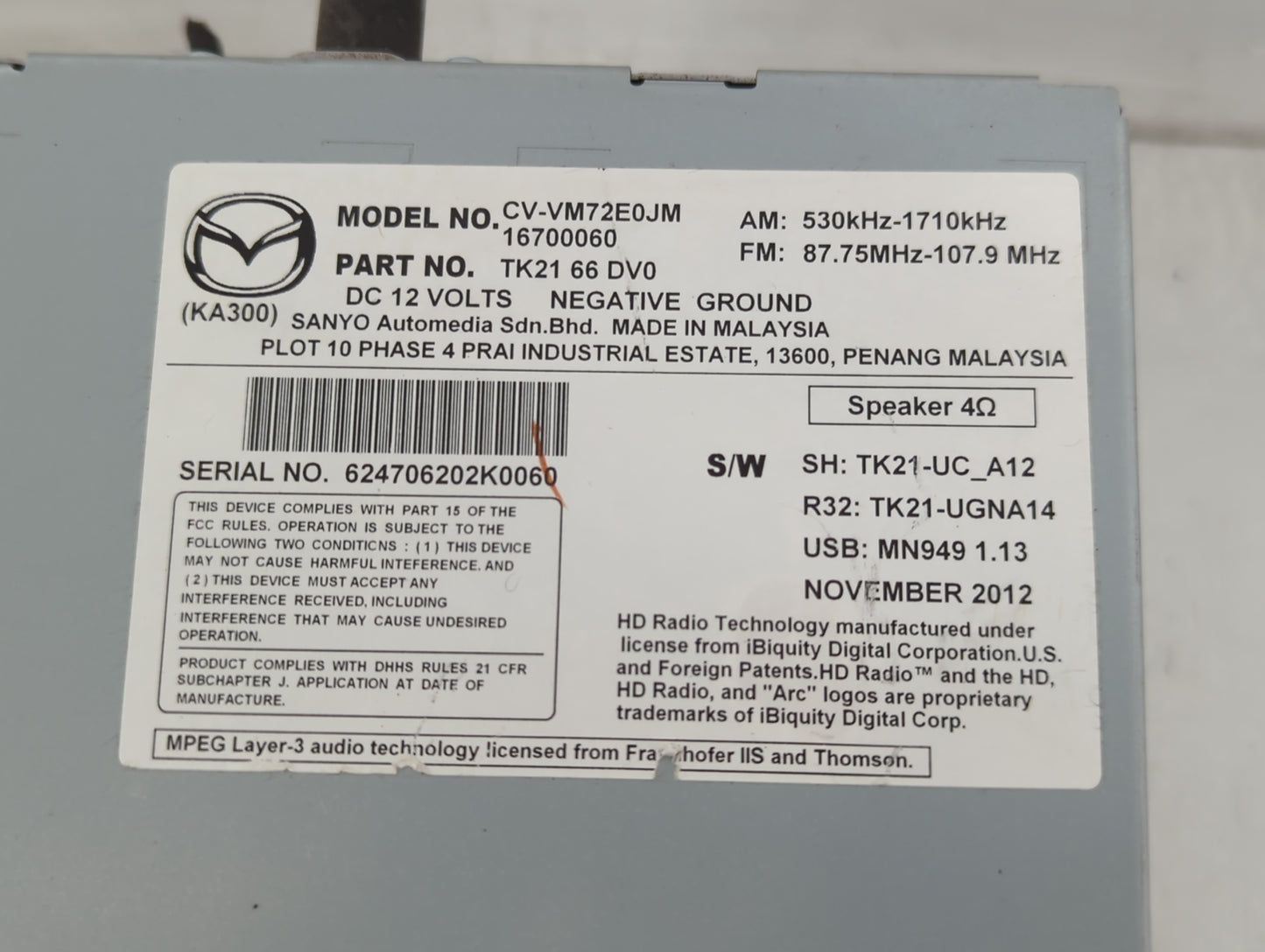 2013-2015 Mazda Cx-9 Radio AM FM Cd Player Receiver Replacement P/N:TK21 66 DV0 Fits Fits 2013 2014 2015 OEM Used Auto Parts