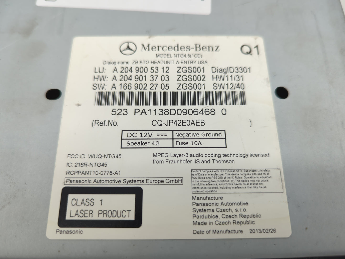 2013 Mercedes-Benz C-Class Radio AM FM Cd Player Receiver Replacement P/N:A2049005312 A2049013703, A1669022705, CQ-JP42E0AEB