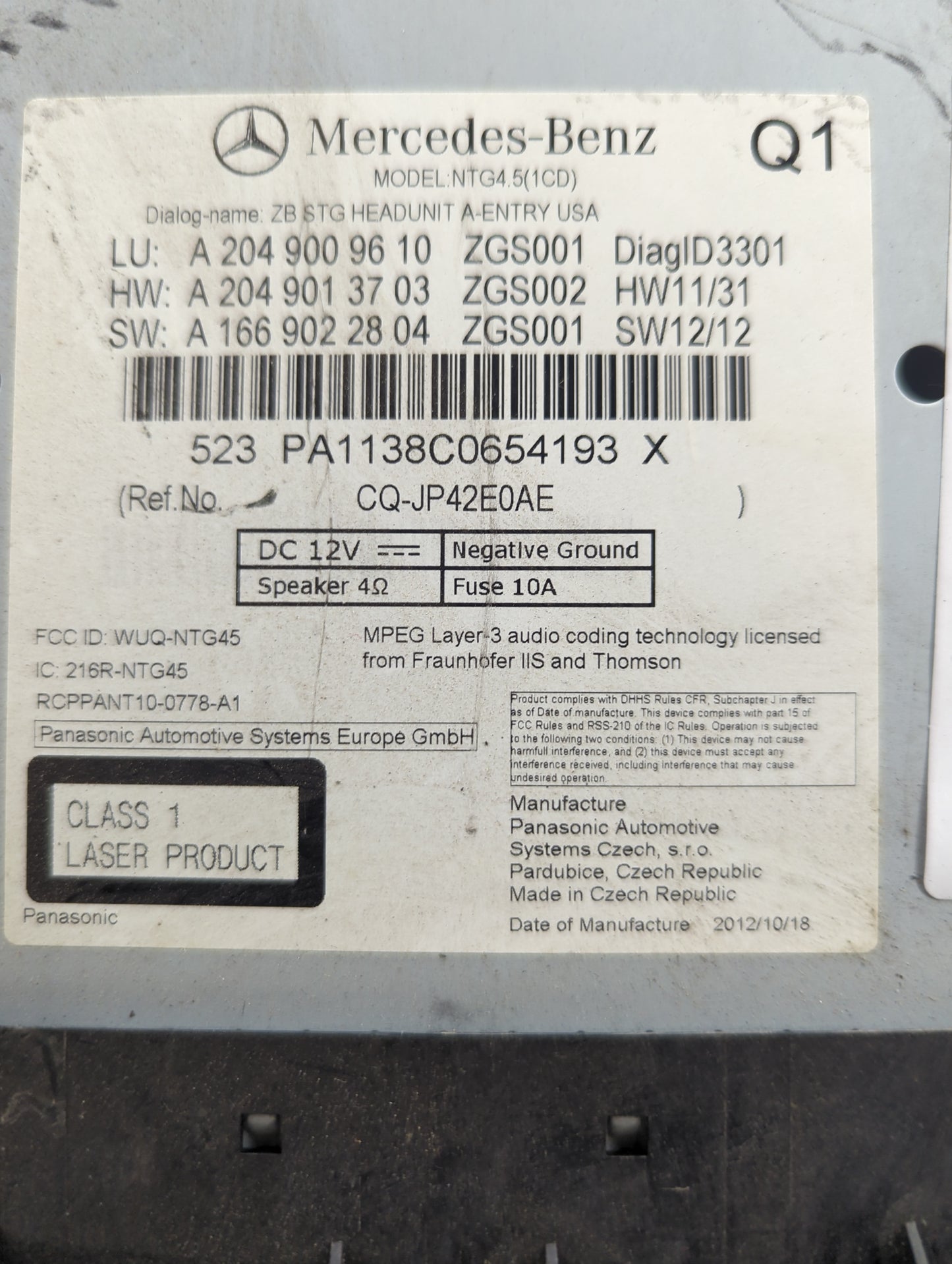 2013 Mercedes-Benz C-Class Radio AM FM Cd Player Receiver Replacement P/N:A2049009610 A2049013703, A1669022804, CQ-JP42E0AE
