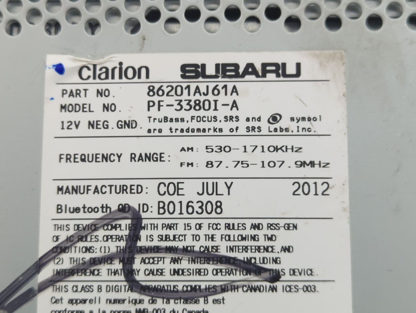 2013-2014 Subaru Legacy Radio AM FM Cd Player Receiver Replacement P/N:86201AJ61A Fits Fits 2013 2014 OEM Used Auto Parts -