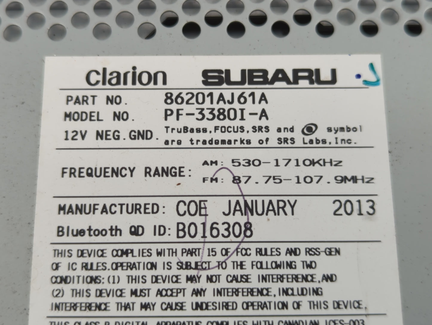 2012-2014 Subaru Legacy Radio AM FM Cd Player Receiver Replacement P/N:86201AJ61A Fits Fits 2012 2013 2014 OEM Used Auto Par