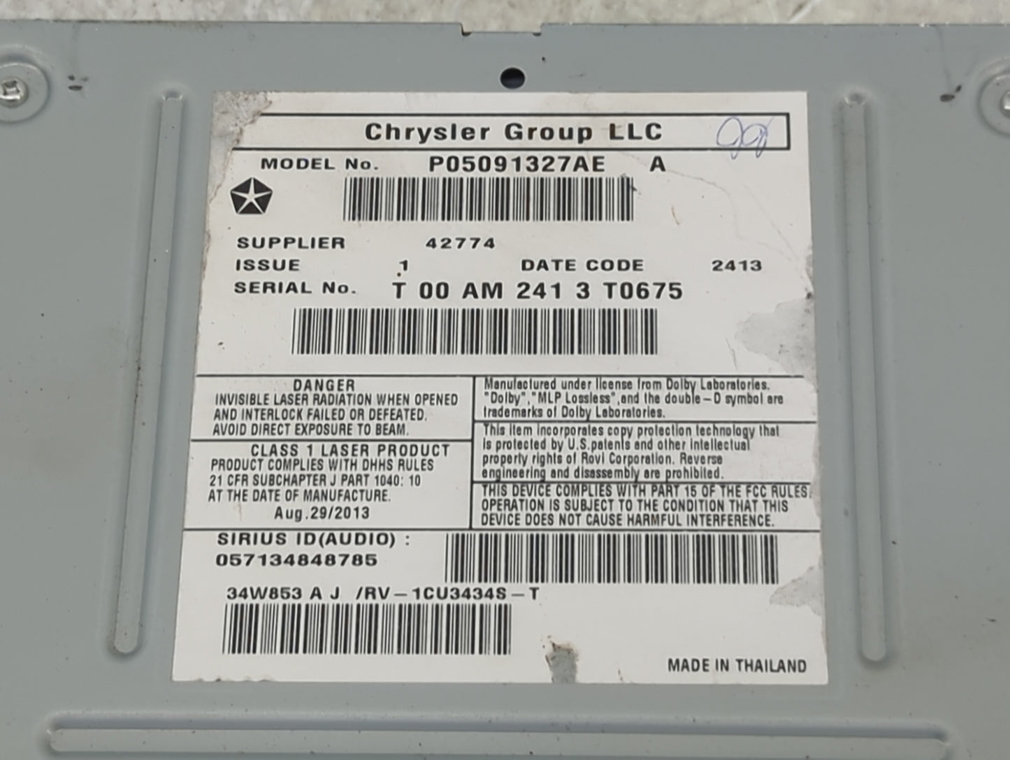 2014 Chrysler Town and Country Radio AM FM Cd Player Receiver Replacement P/N:P05091327AE Fits Fits 2013 2015 2016 OEM Used