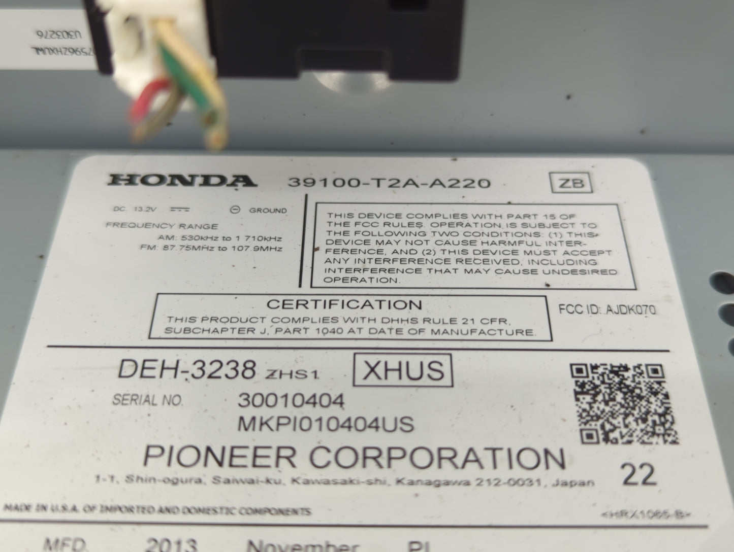 2013-2015 Honda Accord Radio AM FM Cd Player Receiver Replacement P/N:39100-T2A-A220 Fits Fits 2013 2014 2015 OEM Used Auto