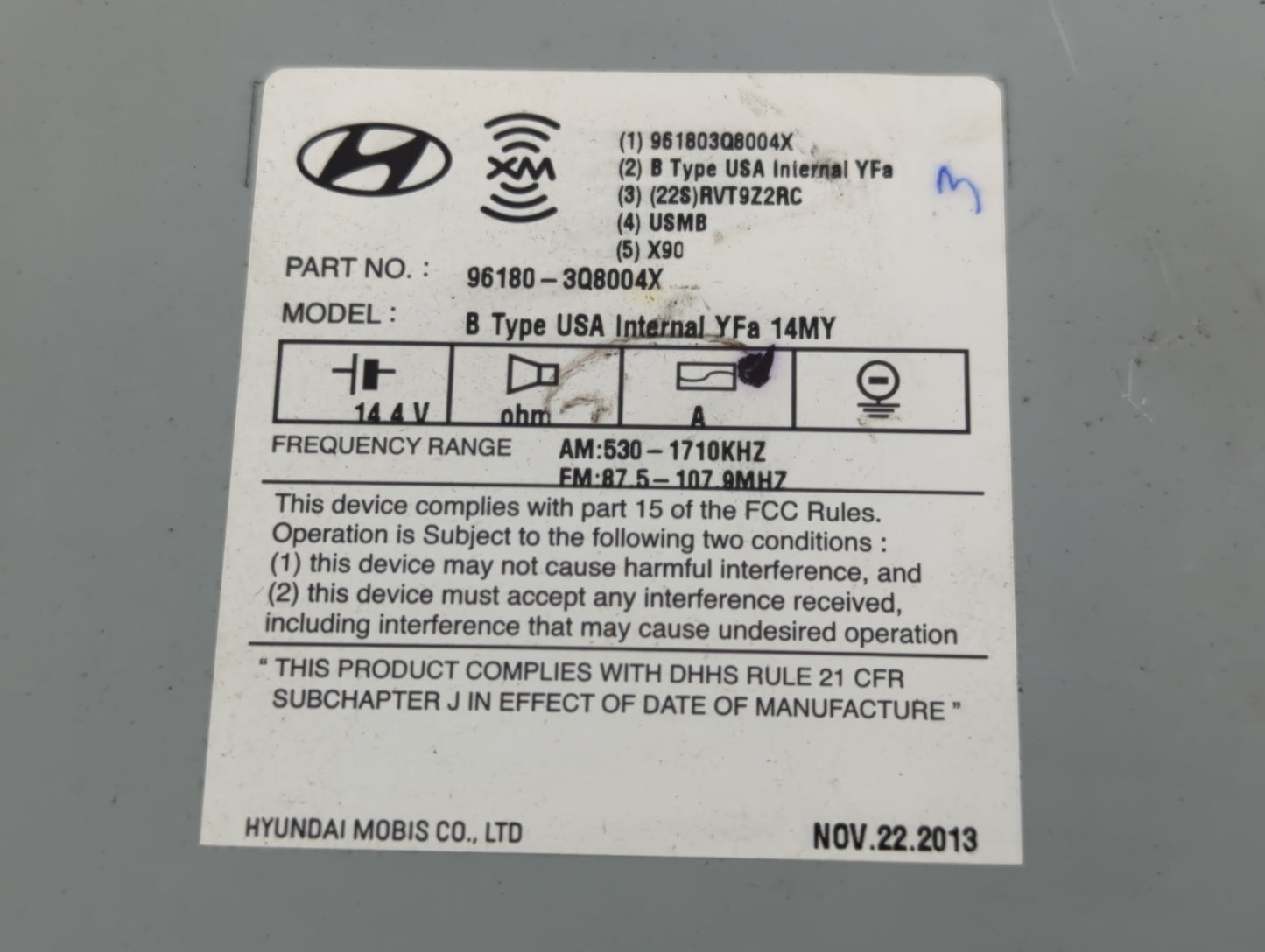 2014-2015 Hyundai Sonata Radio AM FM Cd Player Receiver Replacement P/N:96180-3Q8004X Fits Fits 2014 2015 OEM Used Auto Part