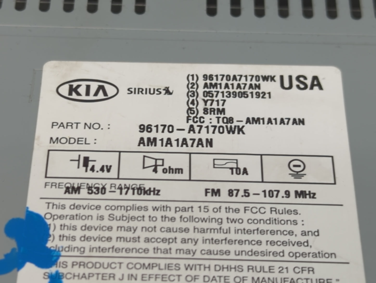 2014-2016 Kia Forte Radio AM FM Cd Player Receiver Replacement P/N:96170-A7170WK Fits Fits 2014 2015 2016 OEM Used Auto Part