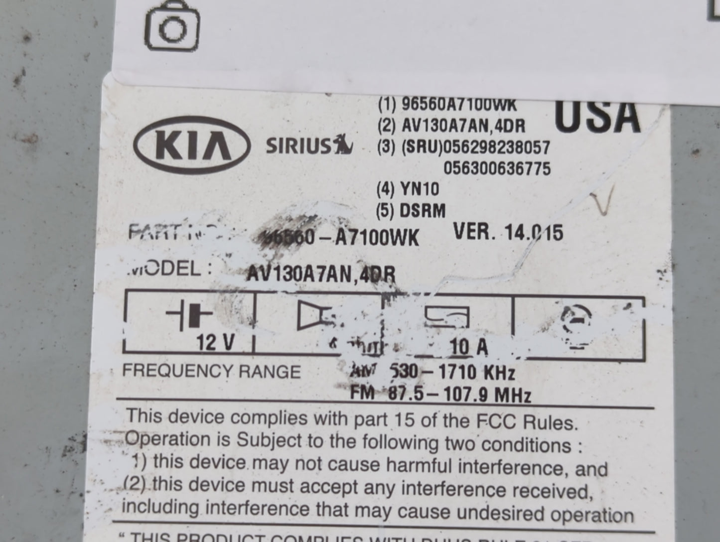 2014 Kia Forte Radio AM FM Cd Player Receiver Replacement P/N:96560A7100WK Fits OEM Used Auto Parts - Oemusedautoparts1.com
