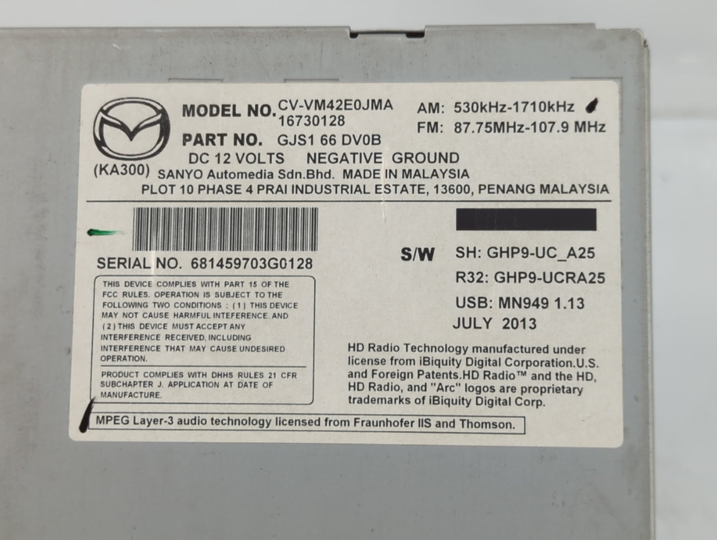 2014-2015 Mazda 6 Radio AM FM Cd Player Receiver Replacement P/N:GJS2 66 DV0B Fits Fits 2014 2015 OEM Used Auto Parts - Oemu