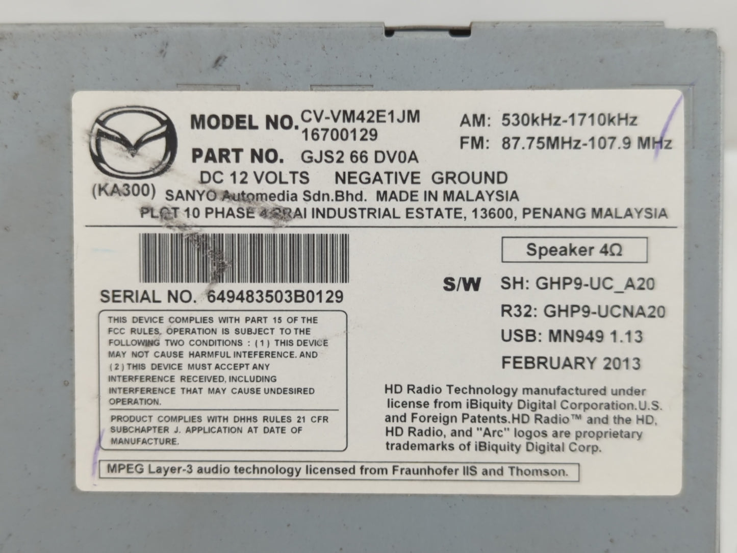 2014-2015 Mazda 6 Radio AM FM Cd Player Receiver Replacement P/N:CV-VM42E1JM GJS2 66 DV0A Fits Fits 2014 2015 OEM Used Auto
