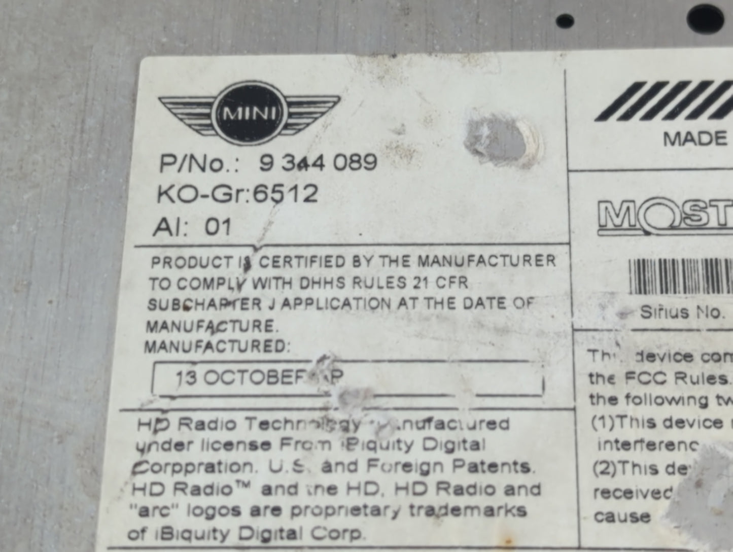 2014 Mini Cooper Clubman Radio AM FM Cd Player Receiver Replacement P/N:9 344 089 Fits Fits 2015 2016 OEM Used Auto Parts -