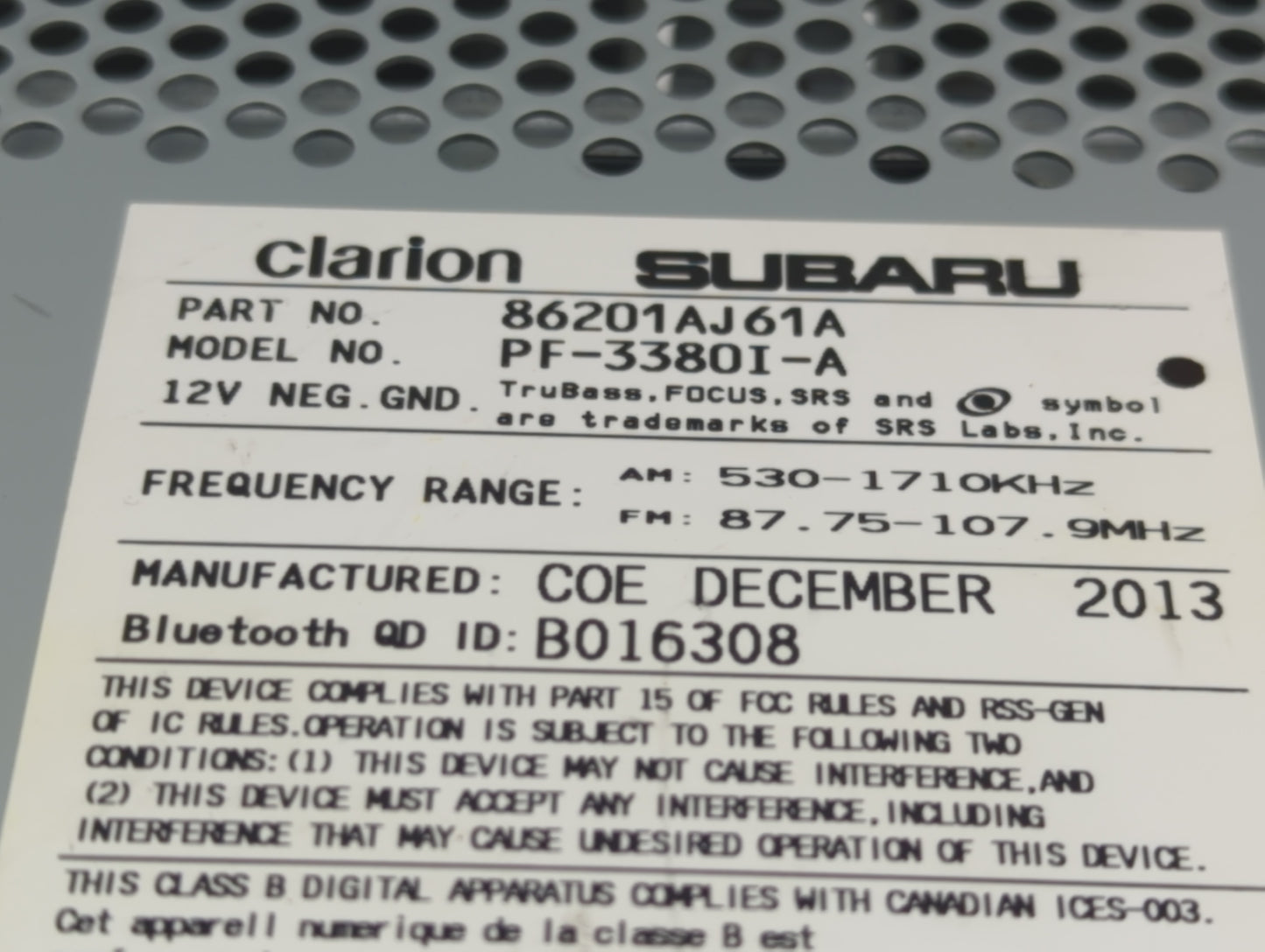 2012-2014 Subaru Legacy Radio AM FM Cd Player Receiver Replacement P/N:86201AJ61A Fits Fits 2012 2013 2014 OEM Used Auto Par