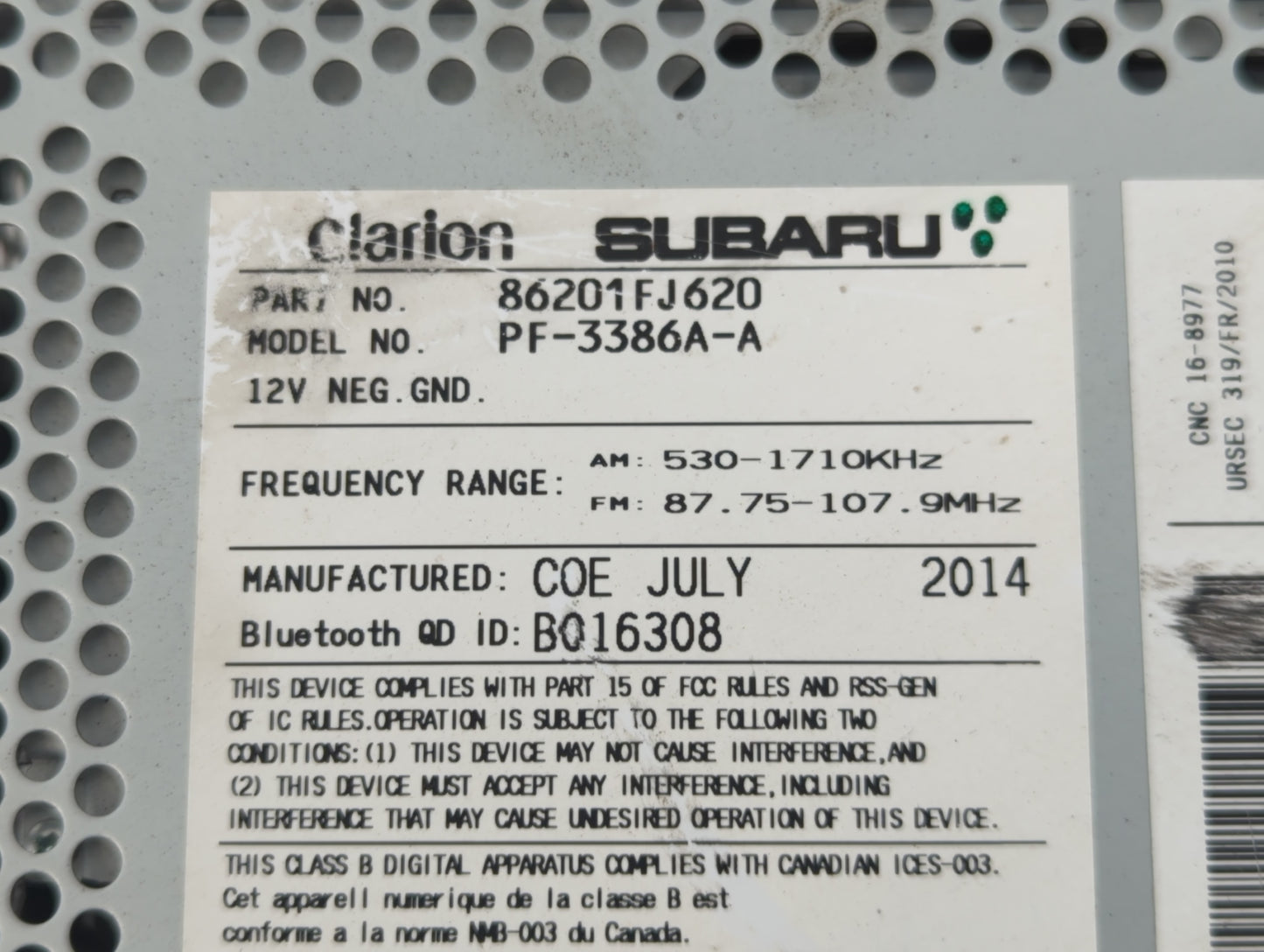 2013-2014 Subaru Xv Radio AM FM Cd Player Receiver Replacement P/N:86201FJ620 Fits Fits 2012 2013 2014 OEM Used Auto Parts -