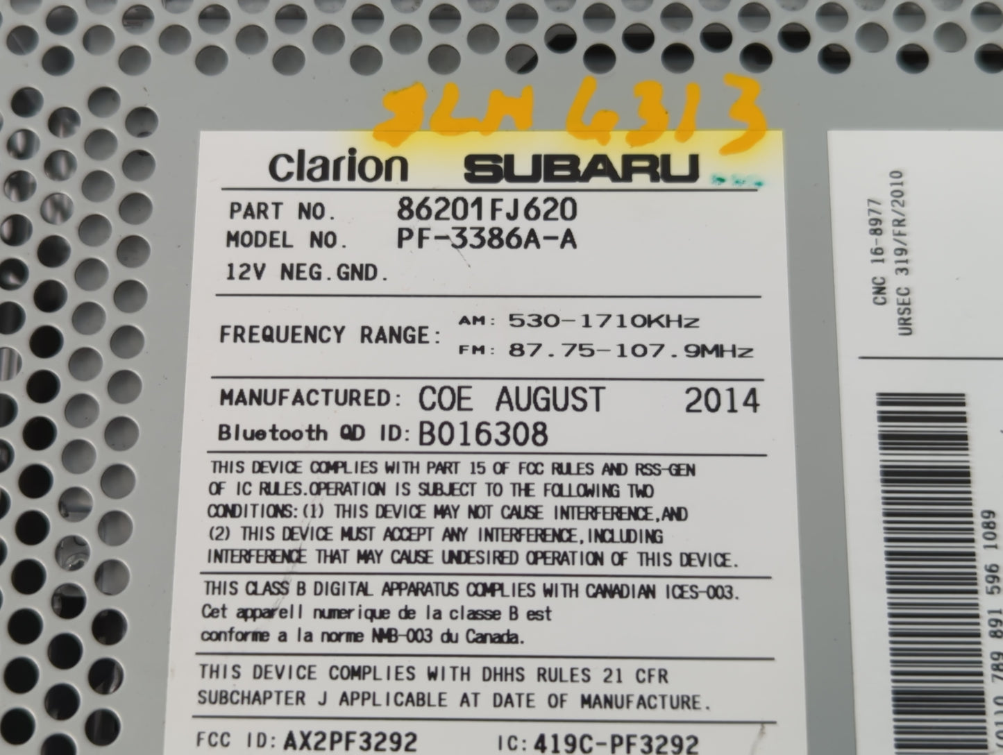 2013-2014 Subaru Xv Radio AM FM Cd Player Receiver Replacement P/N:86201FJ620 Fits Fits 2012 2013 2014 OEM Used Auto Parts -