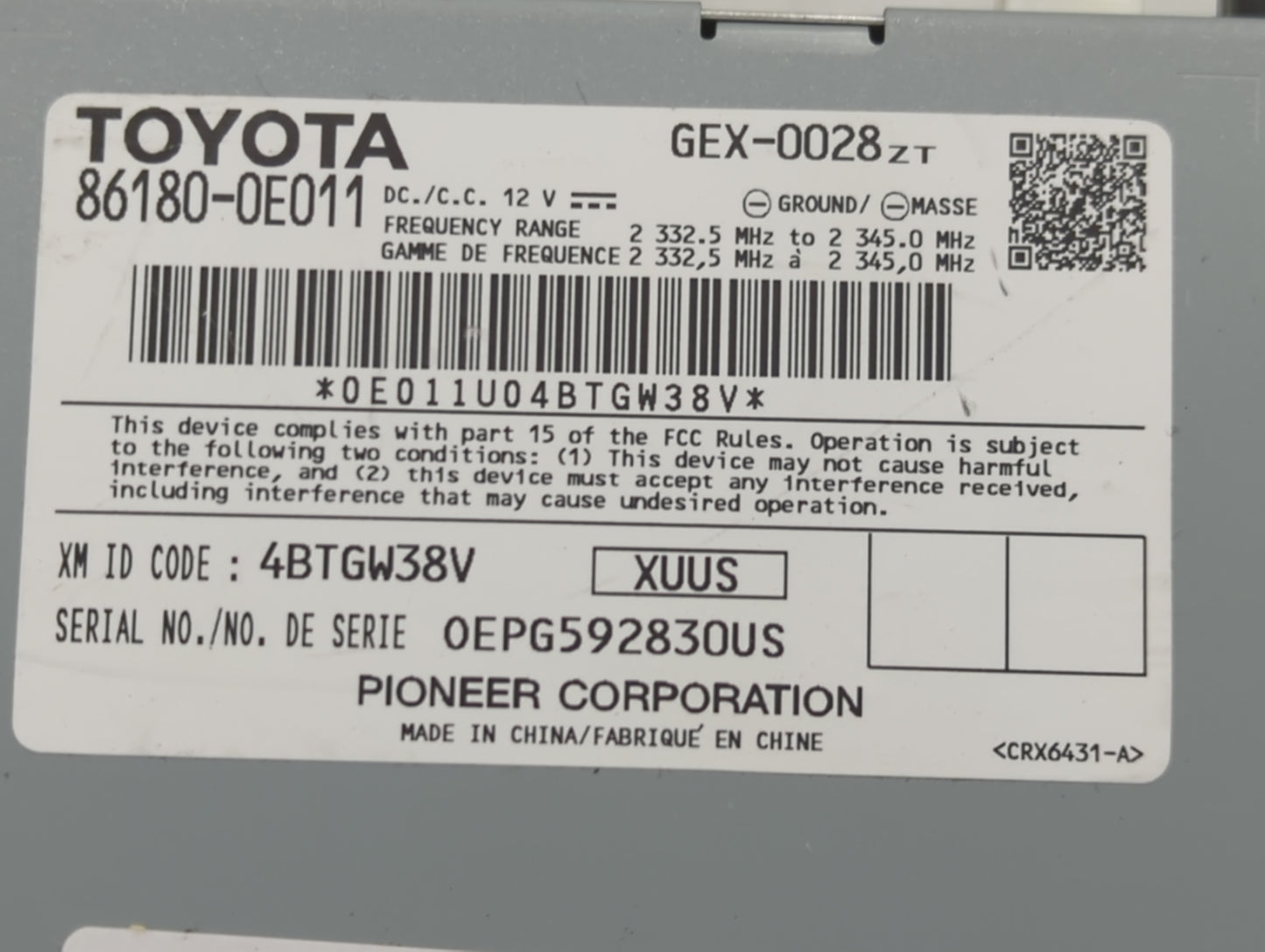 2014-2019 Toyota Highlander Tuner Satellite Receiver 1469104 - Oemusedautoparts1.com