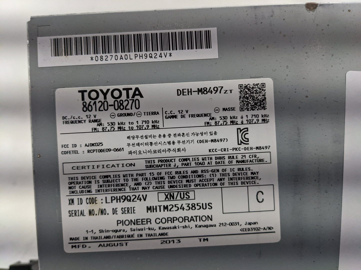 2011-2014 Toyota Sienna Radio AM FM Cd Player Receiver Replacement P/N:86120-08270 Fits Fits 2011 2012 2013 2014 OEM Used Au