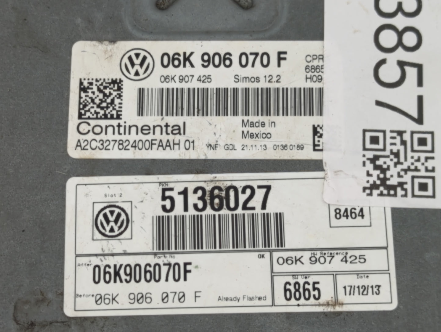2014 Volkswagen Jetta PCM Engine Control Computer ECU ECM PCU OEM P/N:06K 906 070F Fits OEM Used Auto Parts - Oemusedautopar