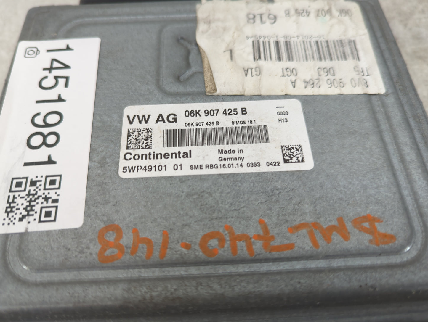 2015 Audi A3 PCM Engine Control Computer ECU ECM PCU OEM P/N:06K907425B 8V0906264A, 5WP49101 Fits Fits 2016 2017 OEM Used Au