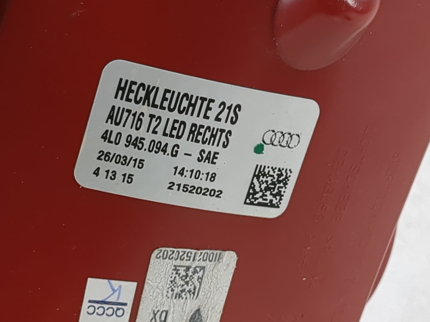 2010-2015 Audi Q7 Tail Light Assembly Passenger Right OEM P/N:4L0 945 094 G Fits Fits 2010 2011 2012 2013 2014 2015 OEM Used